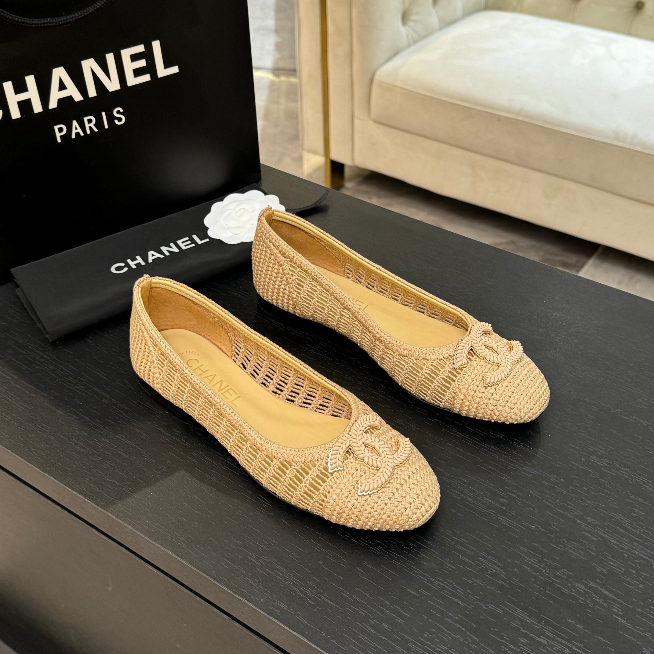 CC 25P Ballet Flat Beige Raffia Large Logo