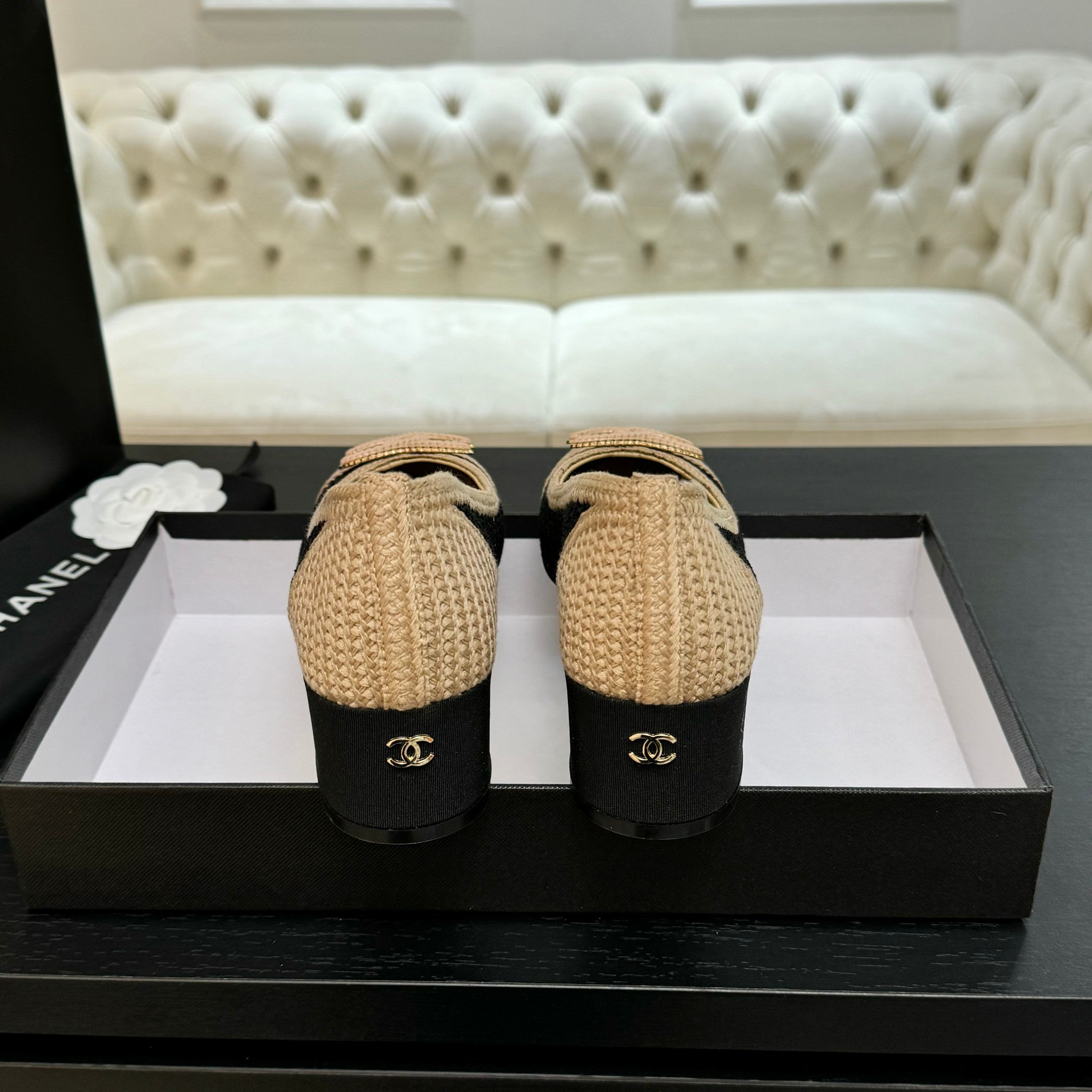 CC 25P Ballet Heel 50mm Black Beige Raffia Large Logo