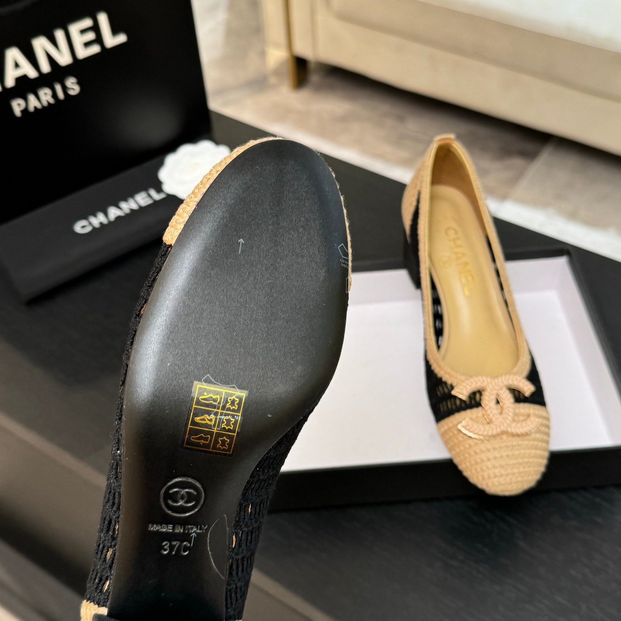 CC 25P Ballet Heel 50mm Black Beige Raffia Large Logo