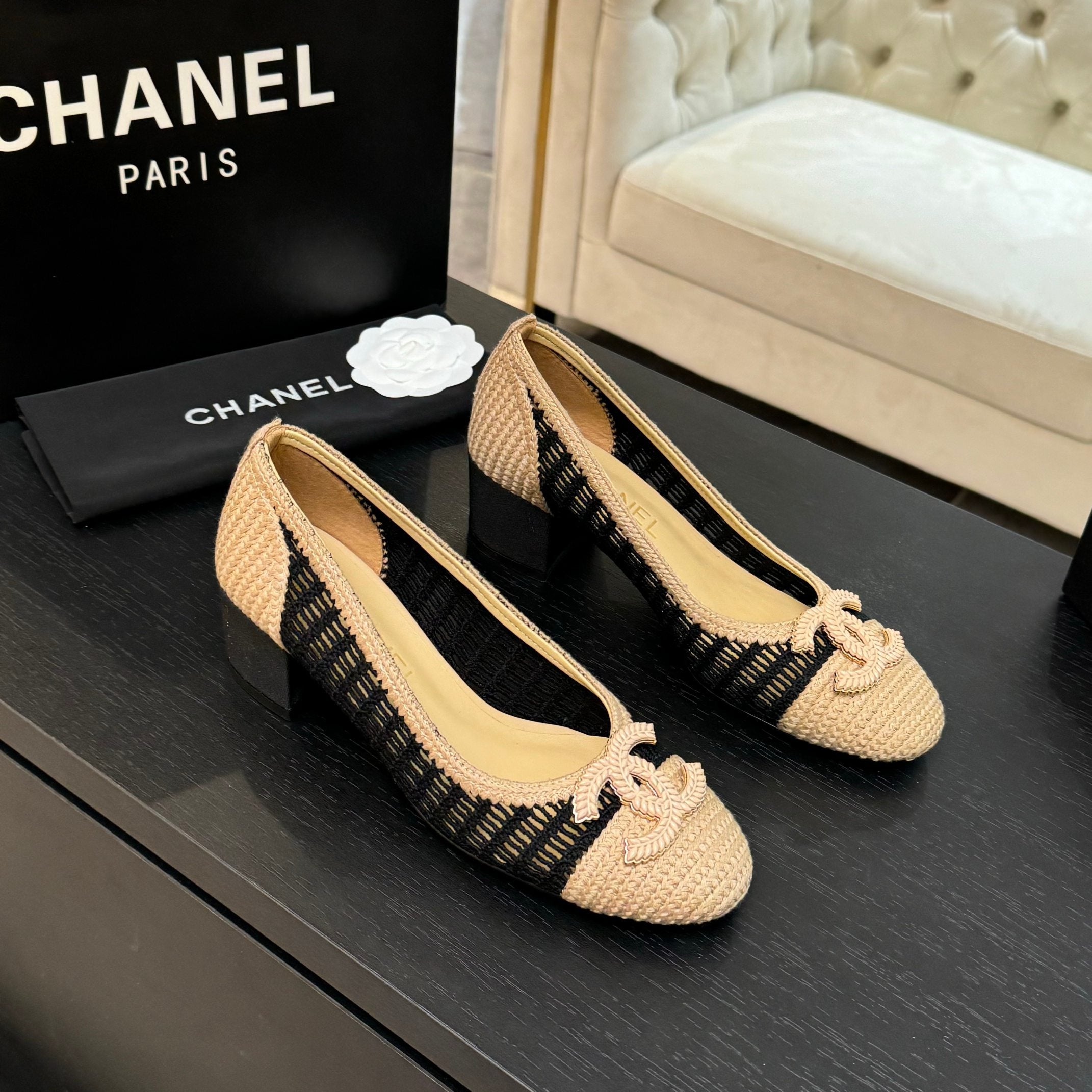 CC 25P Ballet Heel 50mm Black Beige Raffia Large Logo