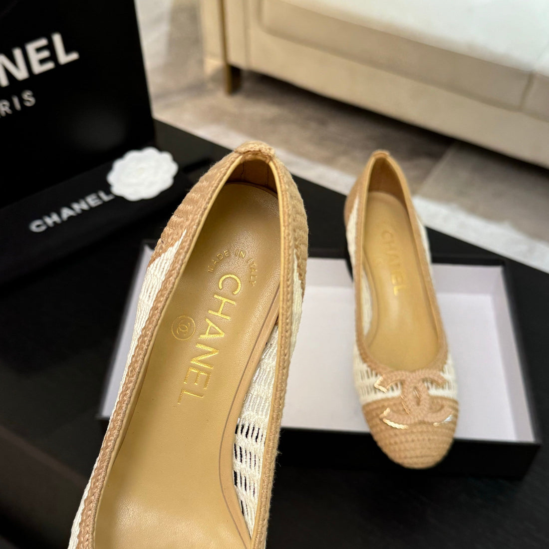 CC 25P Ballet Heel 50mm White Beige Raffia Large Logo