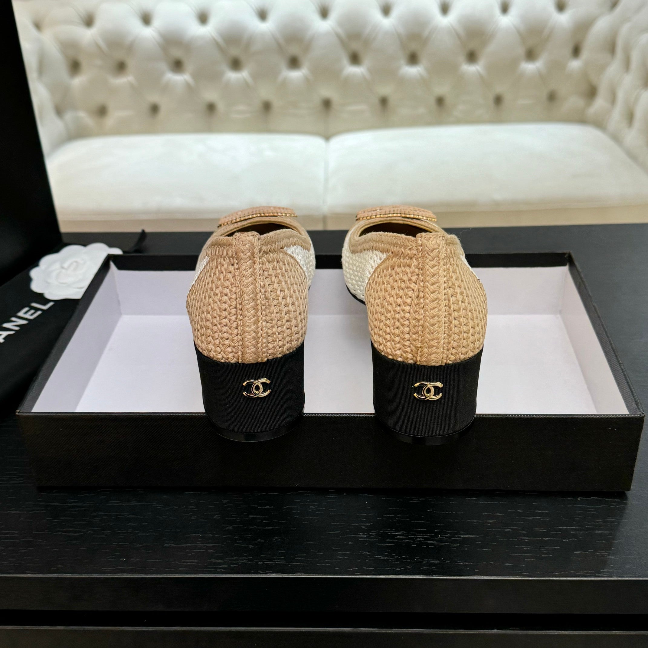 CC 25P Ballet Heel 50mm White Beige Raffia Large Logo