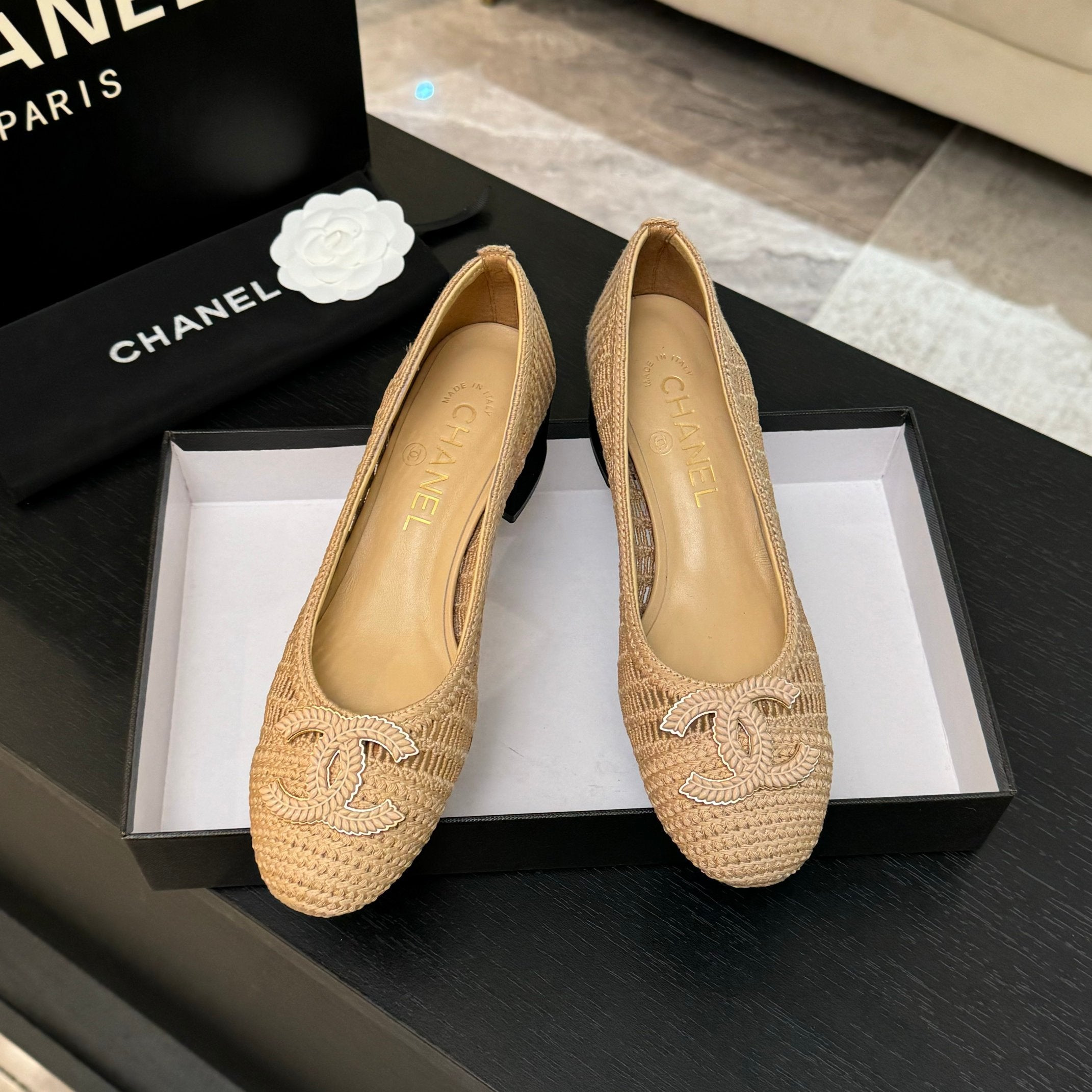 CC 25P Ballet Heel 50mm Beige Raffia Large Logo