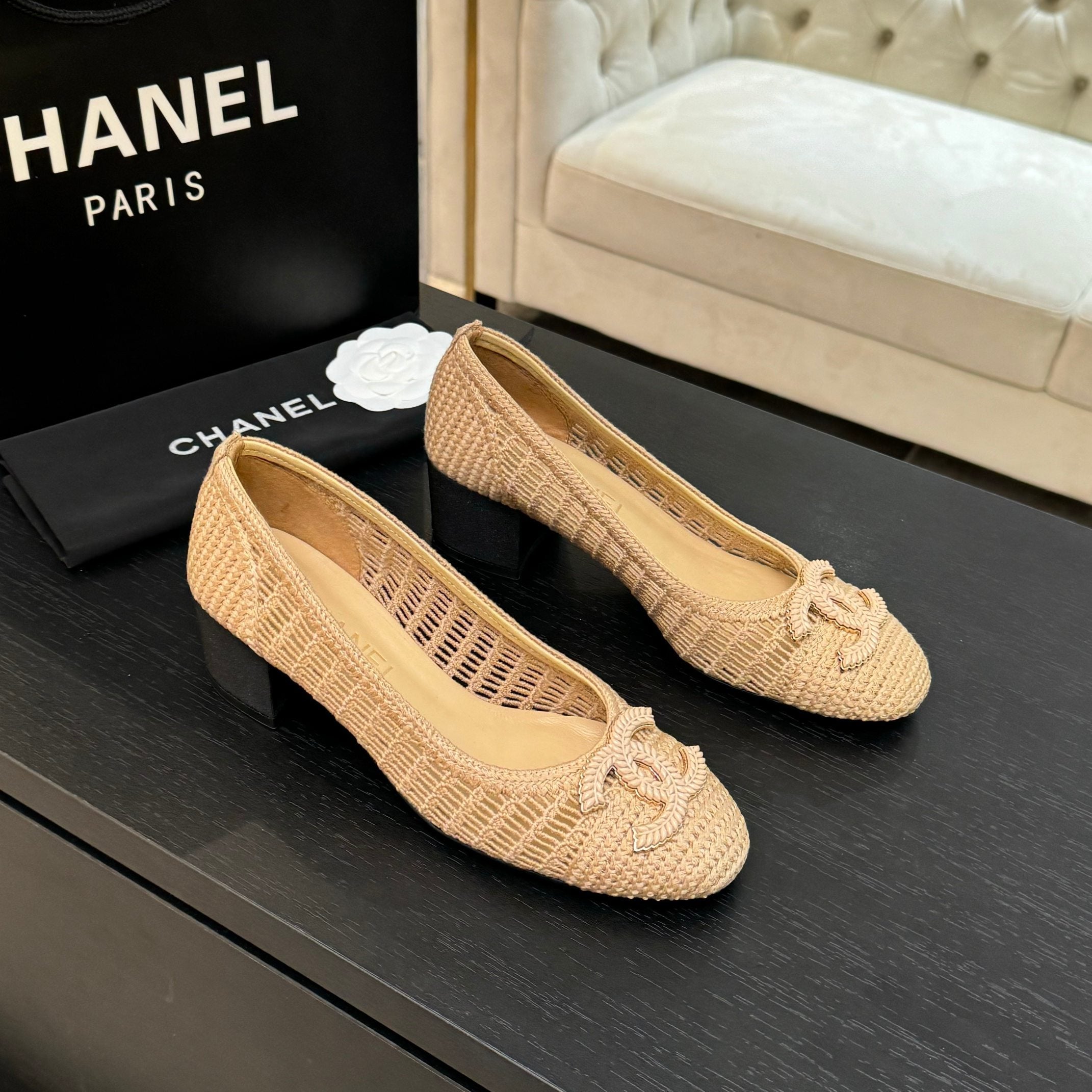 CC 25P Ballet Heel 50mm Beige Raffia Large Logo