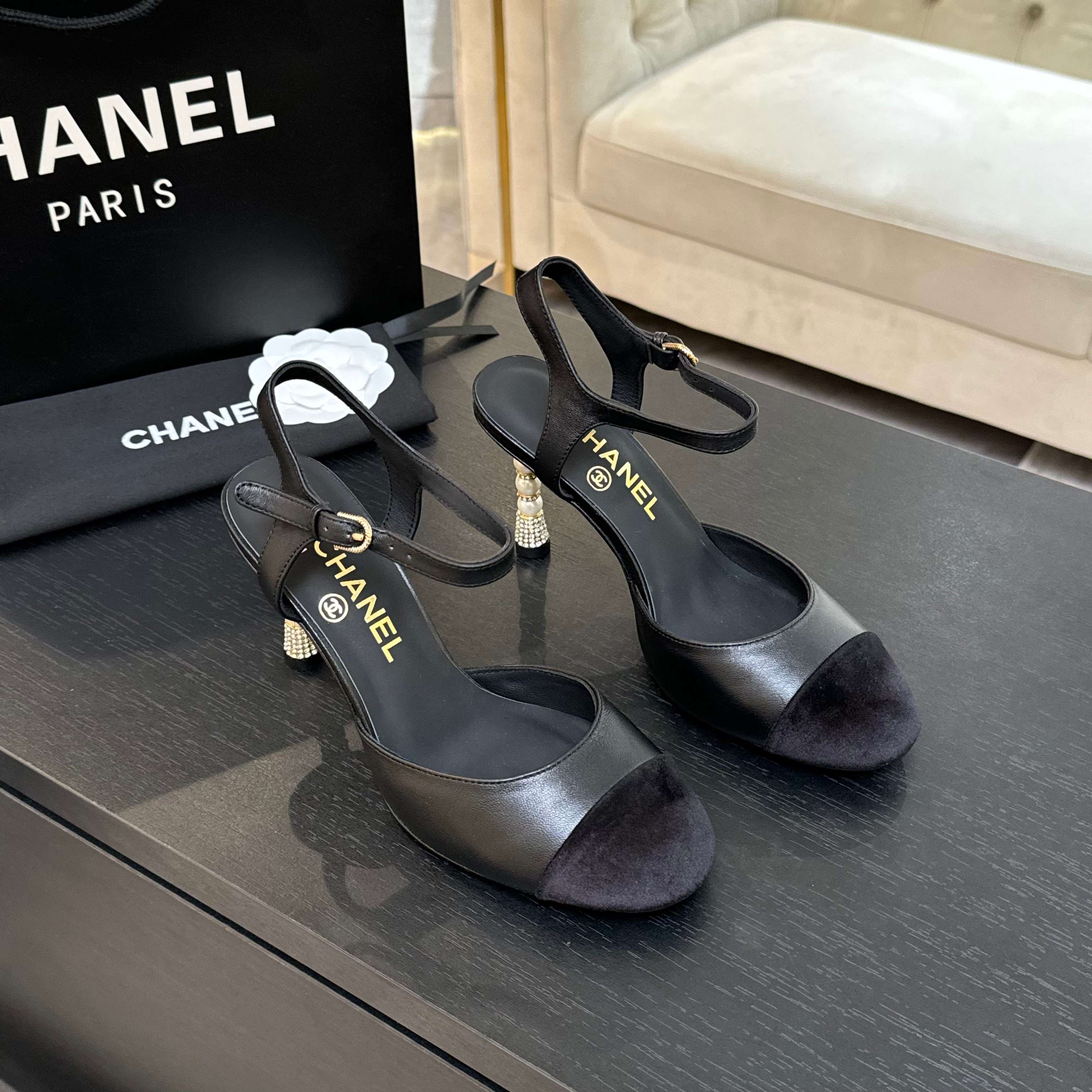 CC 25S Slingback 85mm Black Calfskin Purple Suede