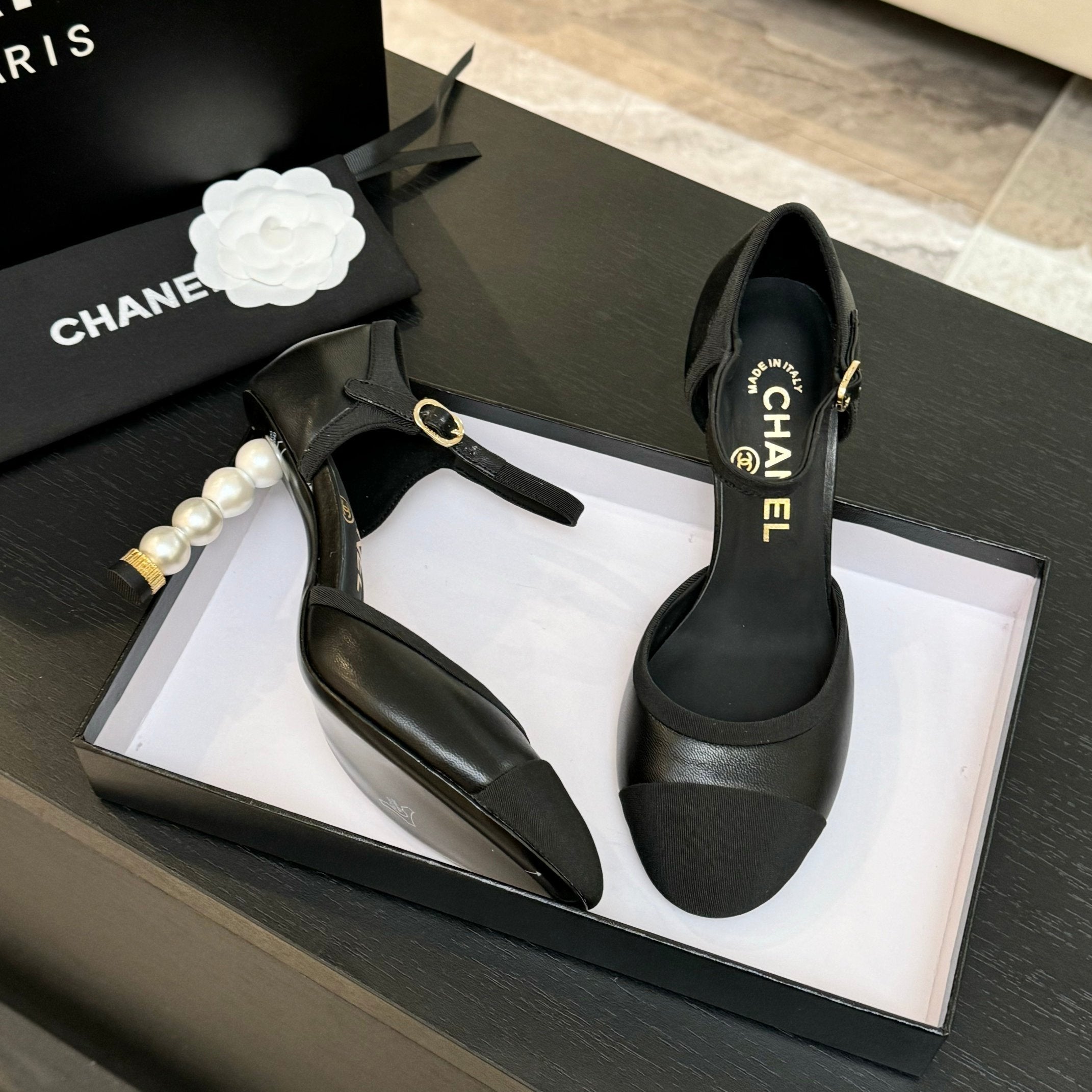 CC 25S Slingback 85mm Black Calfskin Grosgrain