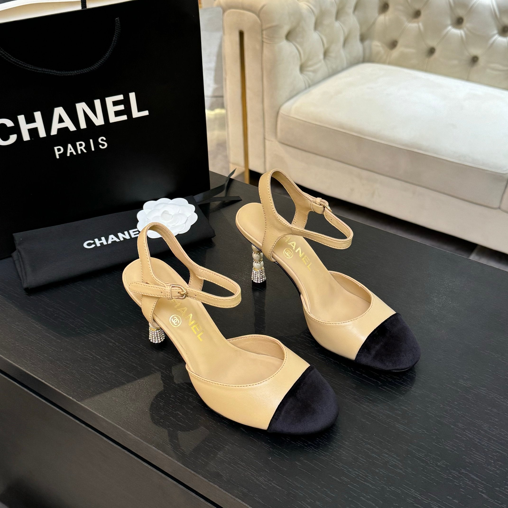 CC 25S Slingback 85mm Beige Calfskin Black Suede