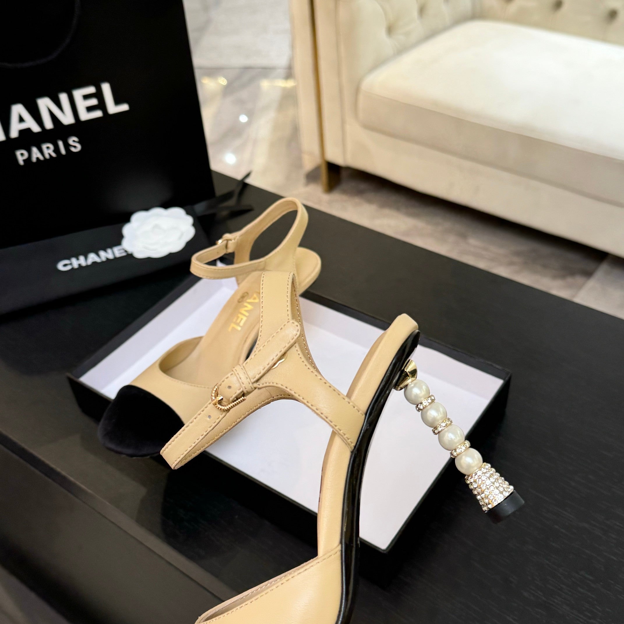 CC 25S Slingback 85mm Beige Calfskin Black Suede