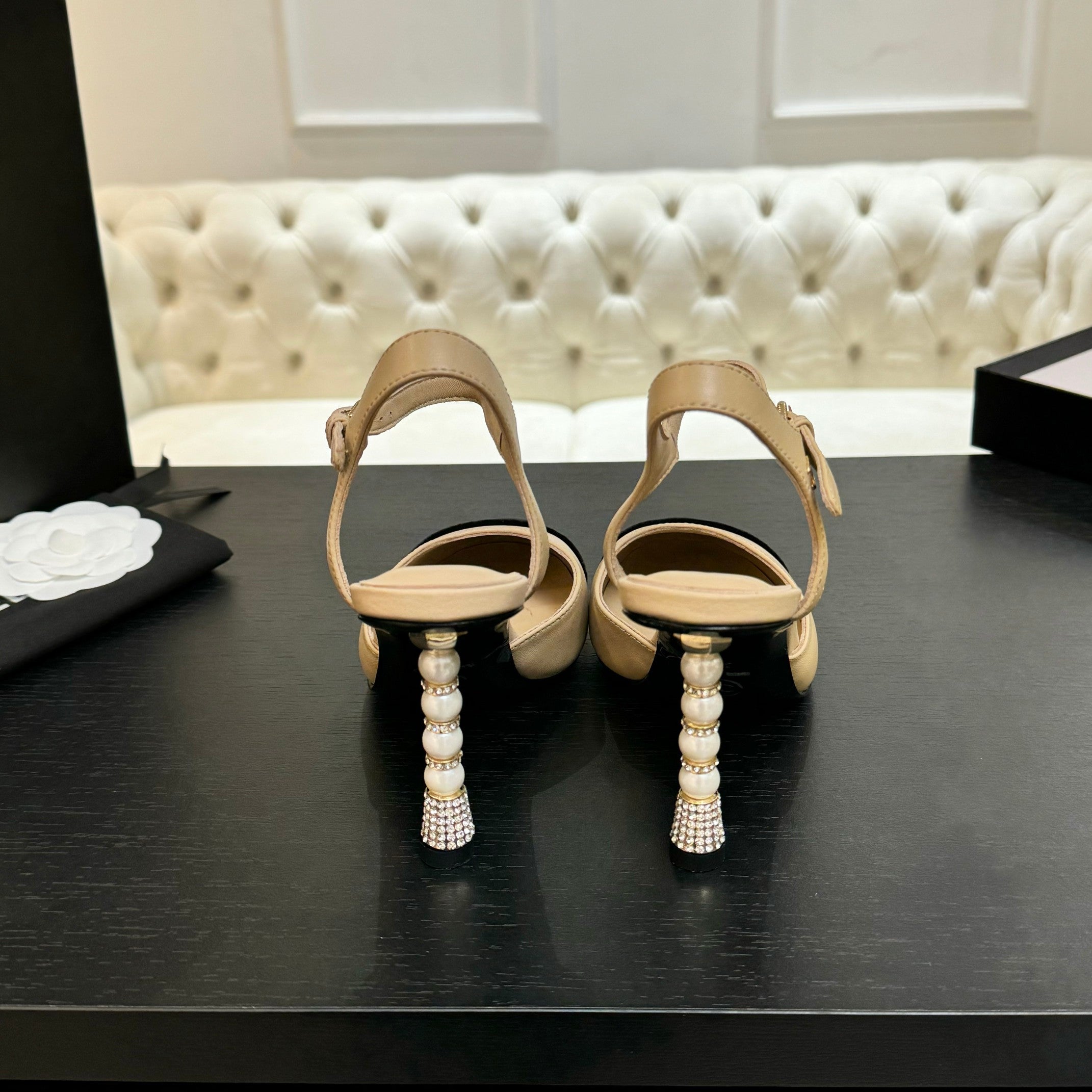 CC 25S Slingback 85mm Beige Calfskin Black Suede