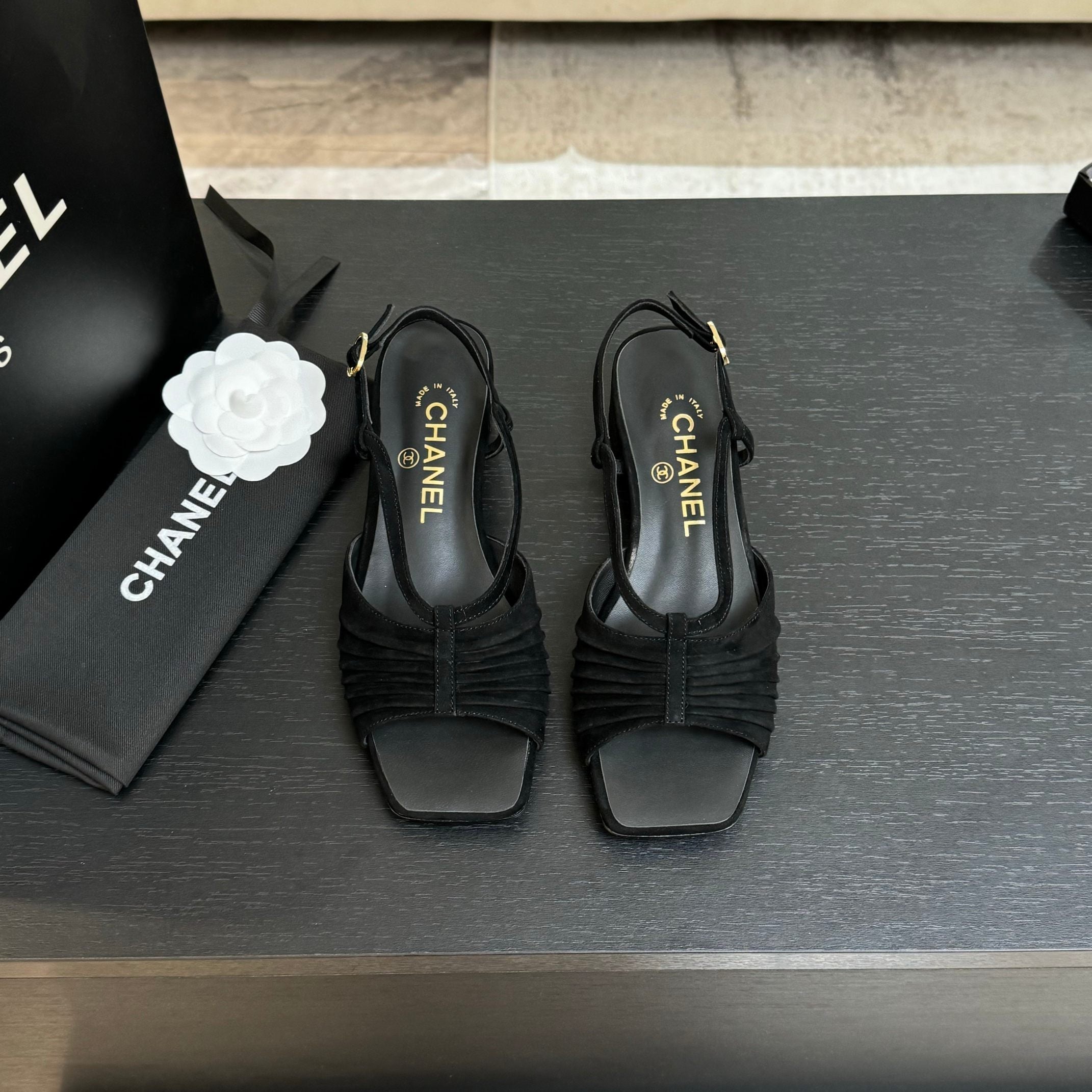 CC 25S Sandal Heel 50mm Black Suede Kidskin