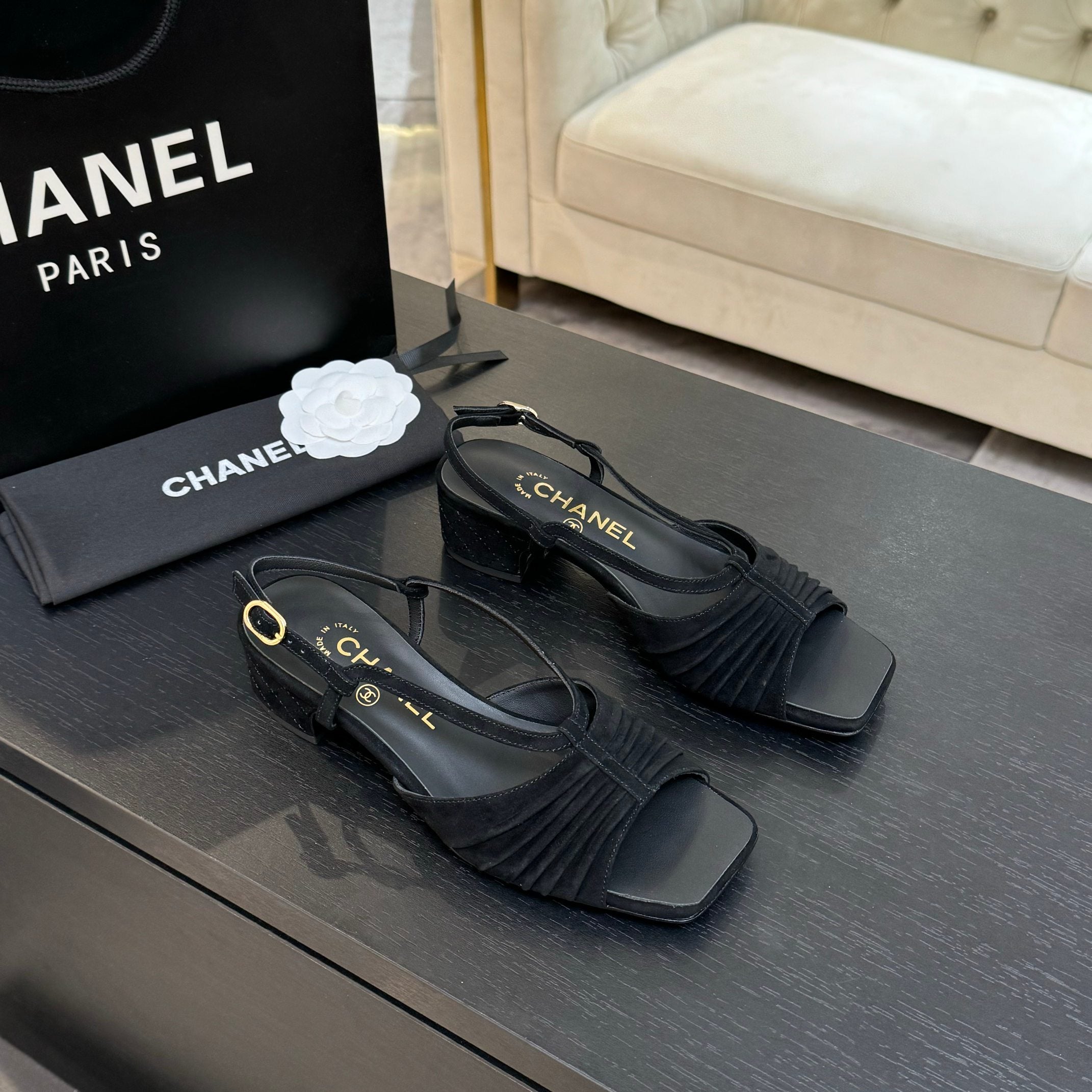 CC 25S Sandal Heel 50mm Black Suede Kidskin