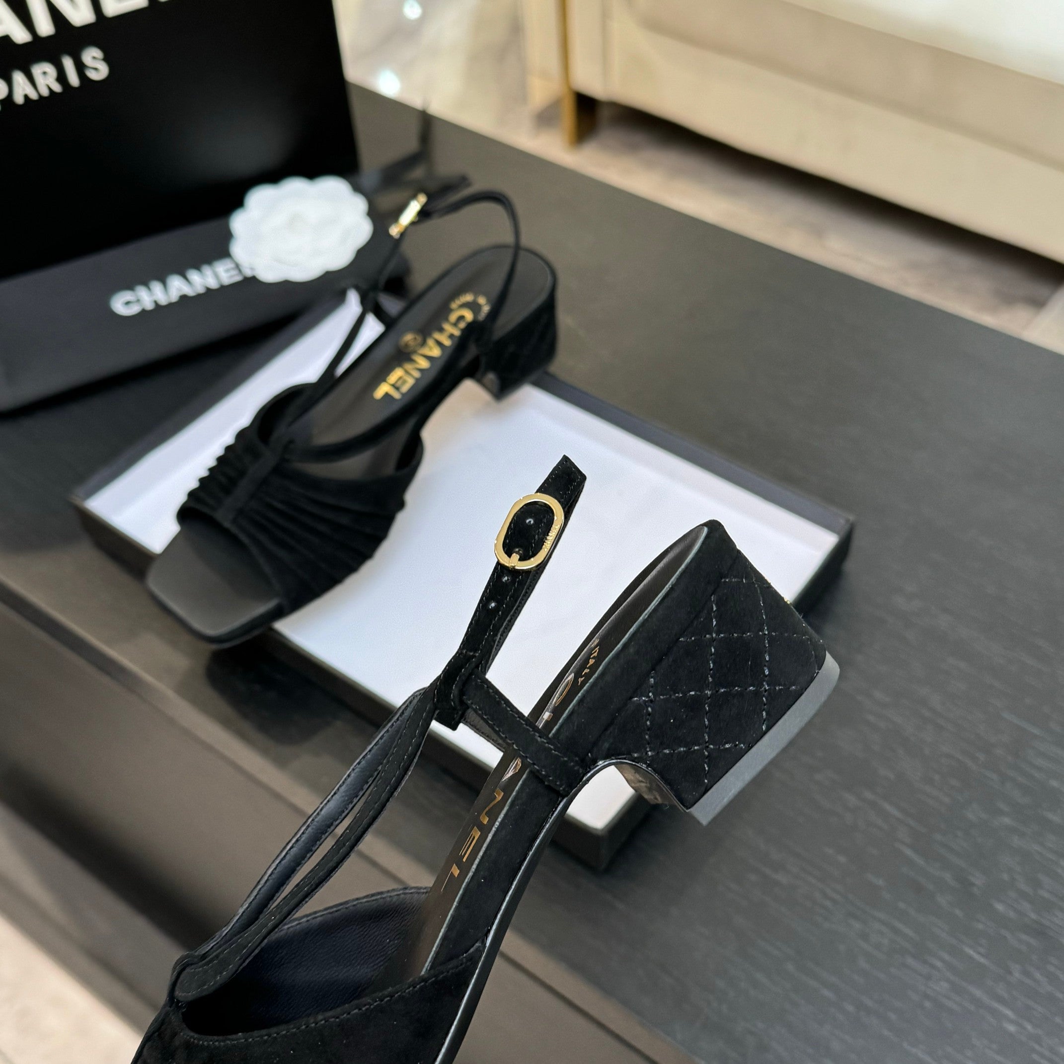 CC 25S Sandal Heel 50mm Black Suede Kidskin