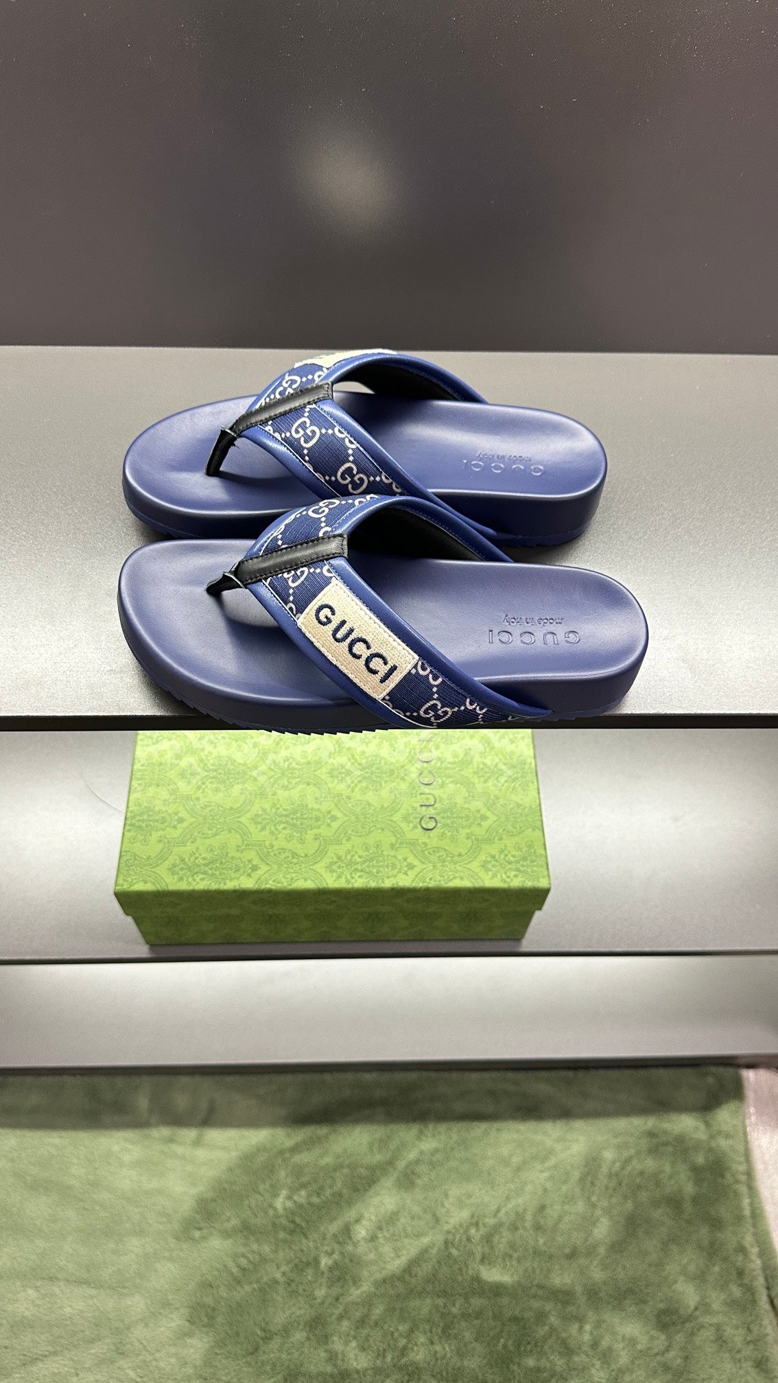 GG Men's Thong Sandals Blue Polyester Leather 547248