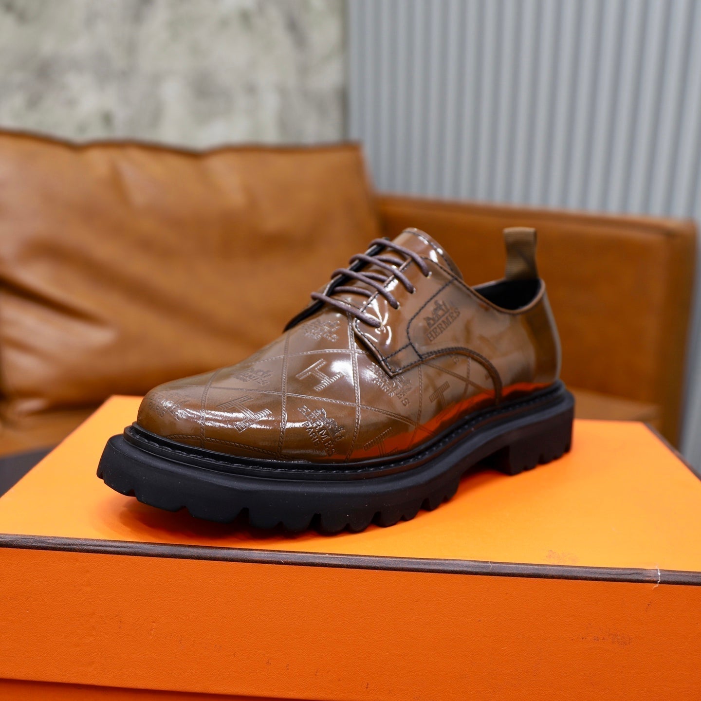 HM Men's Derby Shoes Brown Patent Leather 581372