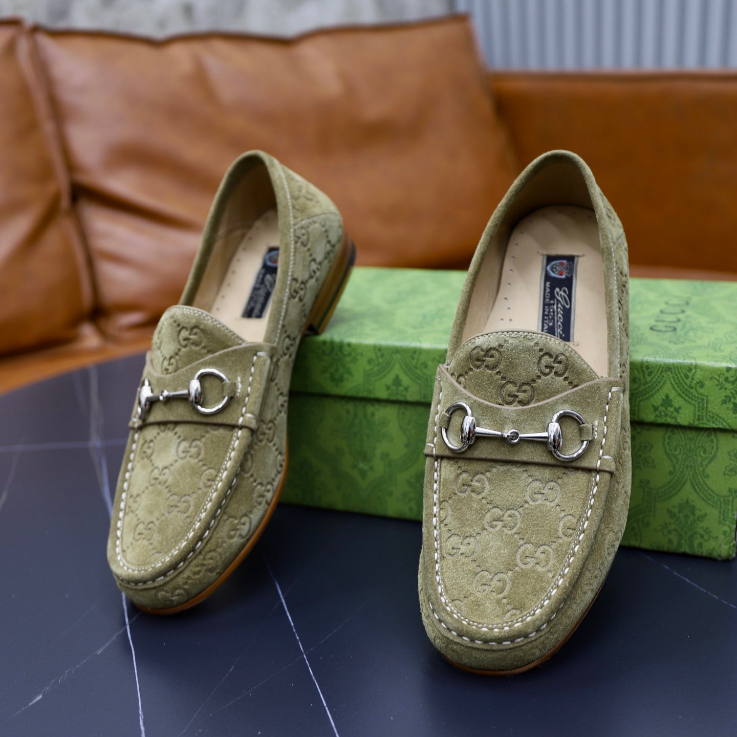 GG Men's Horsebit Loafer Olive Green Suede 600394