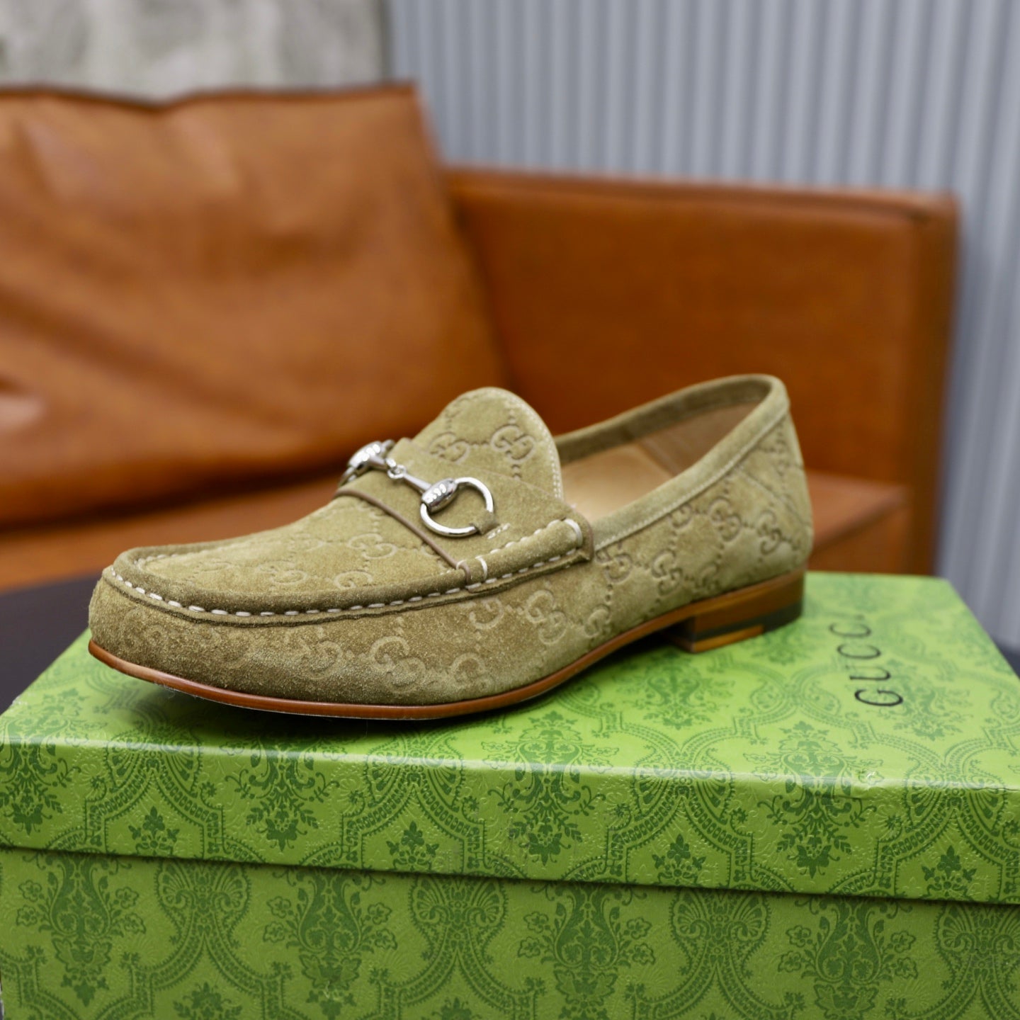 GG Men's Horsebit Loafer Olive Green Suede 600394