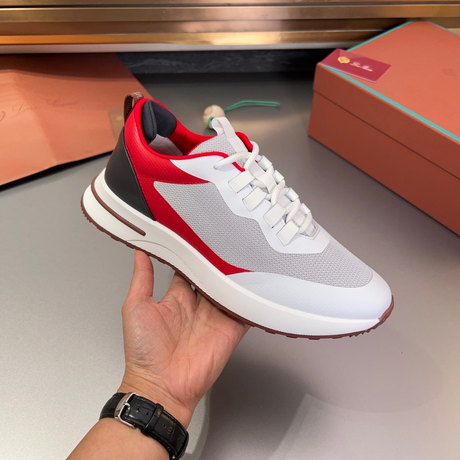 LP BRUNELLO SNEAKERS LIGHT GRAY AND RED MESH BREATHABLE