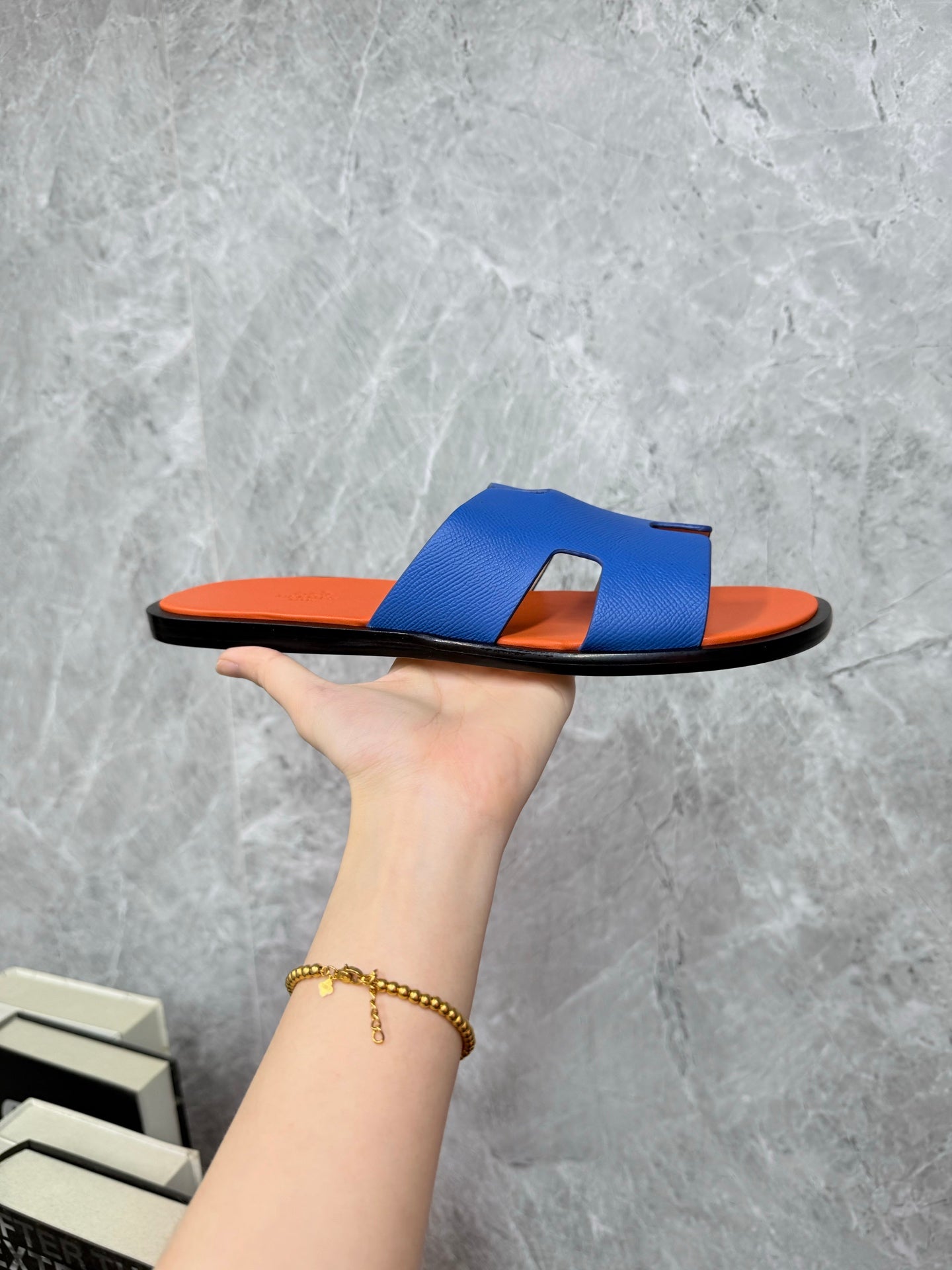 HM Men's Izmir Slide Blue Orange Cowhide 619451