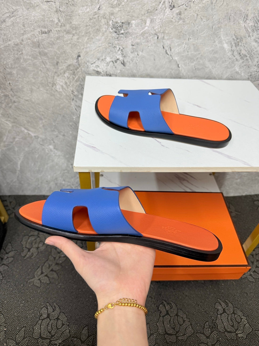 HM Men's Izmir Slide Blue Orange Cowhide 619451