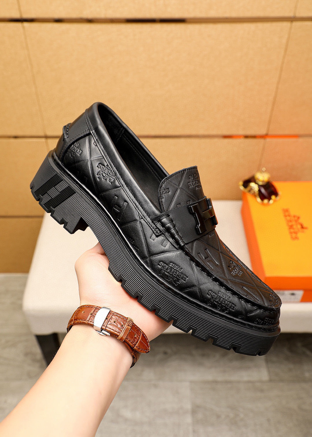 HM Men's Moccasins Loafer Black Calfskin Embossed 710912