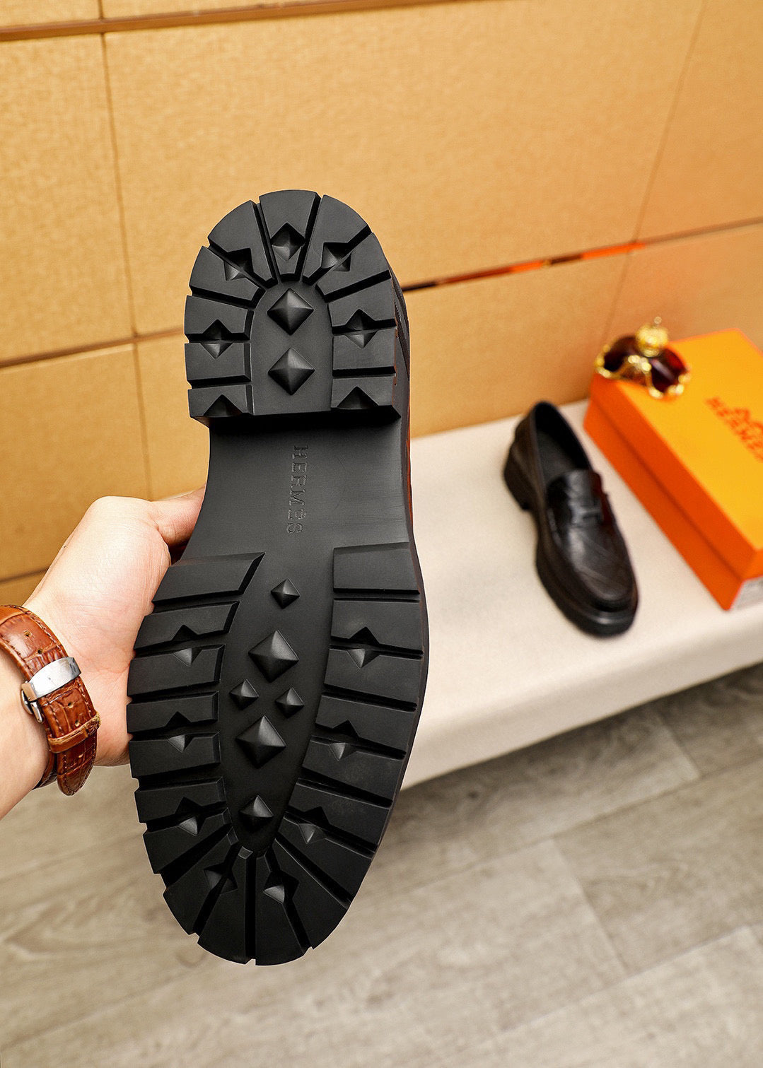 HM Men's Moccasins Loafer Black Calfskin Embossed 710912