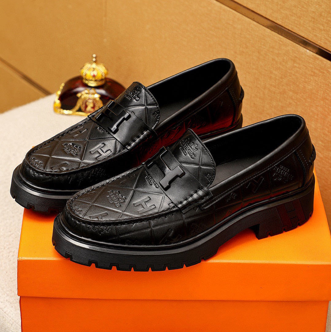 HM Men's Moccasins Loafer Black Calfskin Embossed 710912