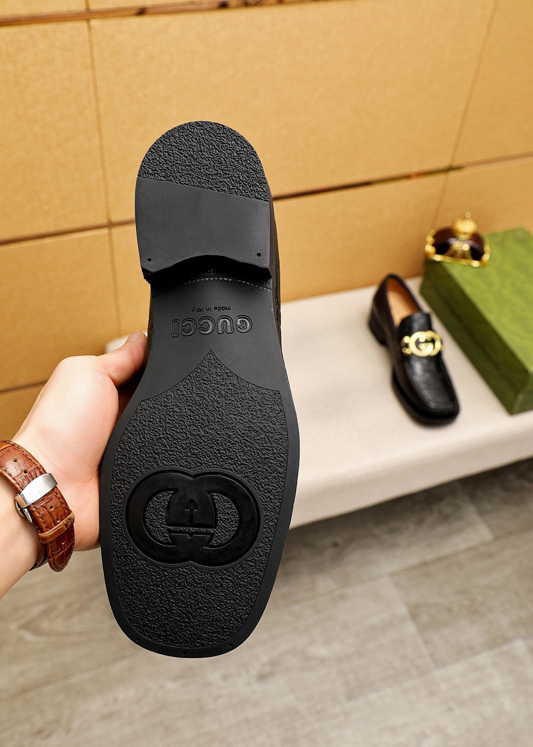 GG Men's Loafer Black GG Gold Embossed Cowhide 736976