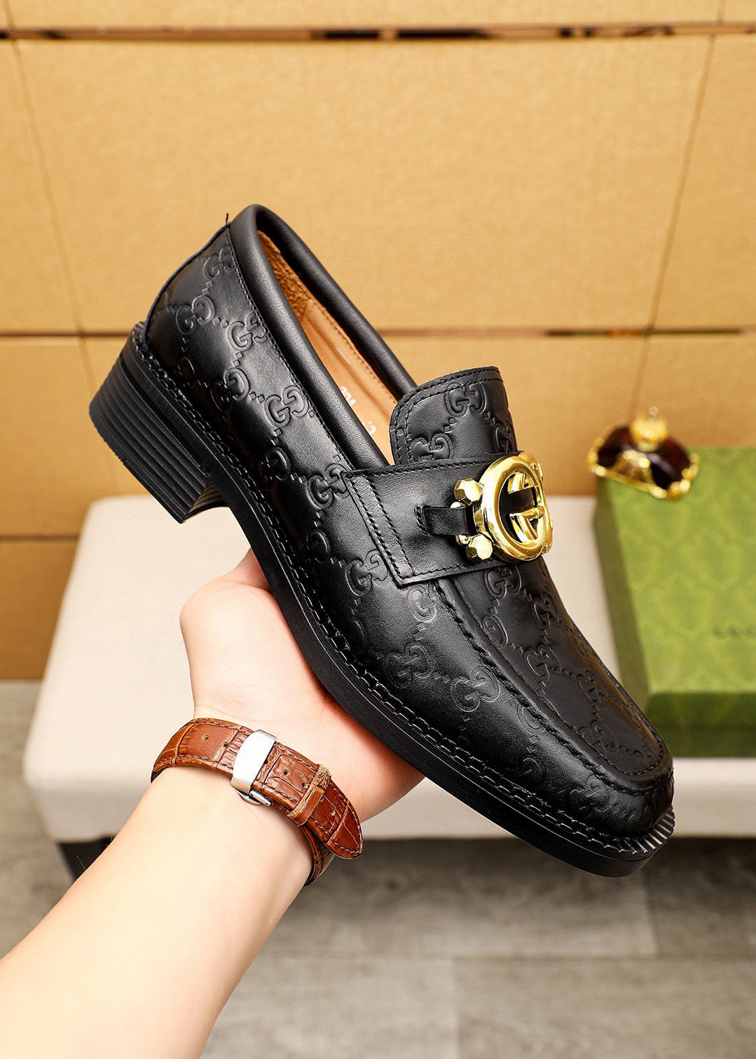 GG Men's Loafer Black GG Gold Embossed Cowhide 736976