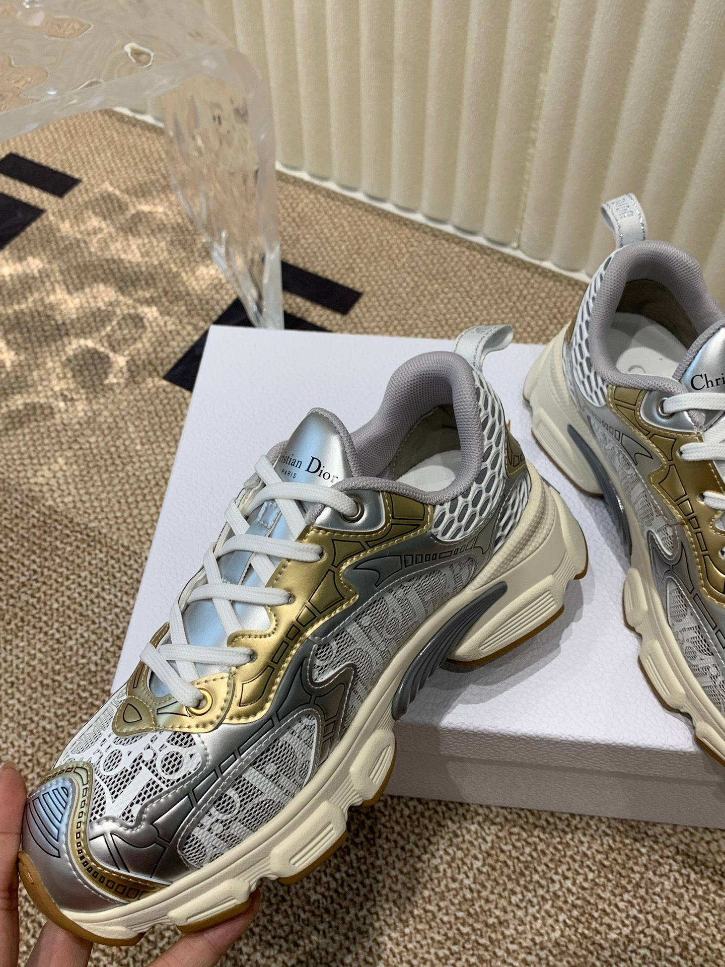 CD Vibe Sneaker In White Mix Dark Grey Gold Polyester Mesh Fabric And Cowhide 113418