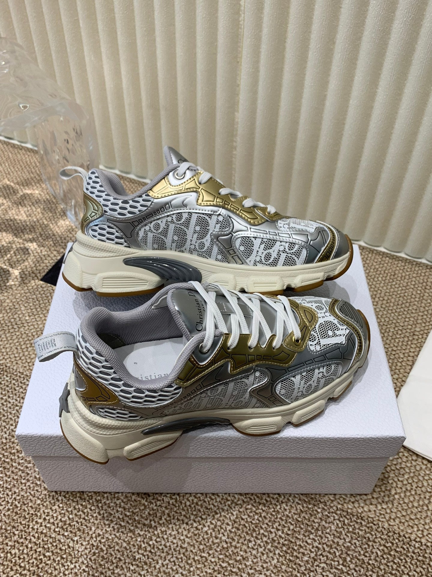 CD Vibe Sneaker In White Mix Dark Grey Gold Polyester Mesh Fabric And Cowhide 113418