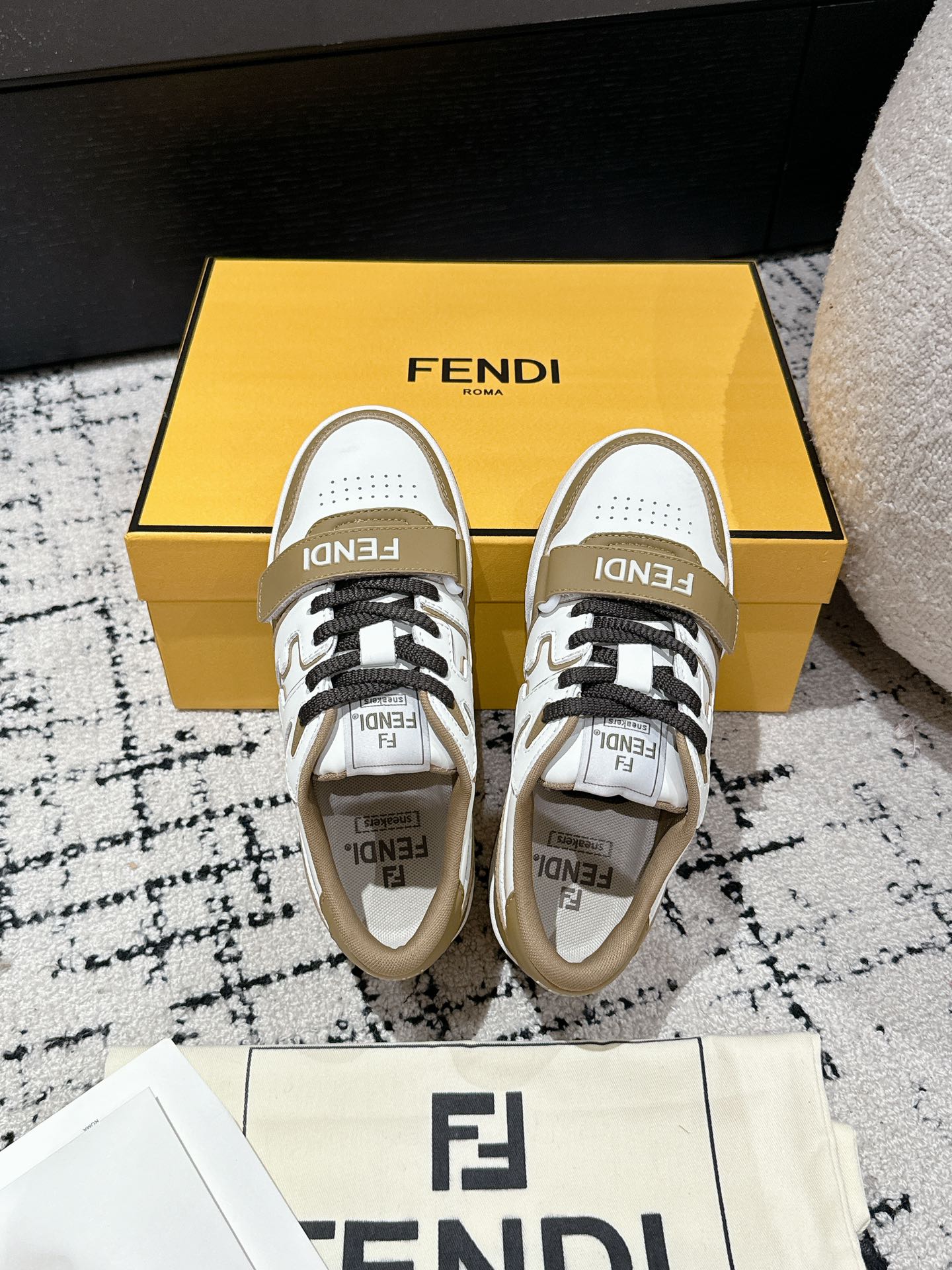 FENDI MATCH LOW-TOPS IN DARK TAN MIX WHITE CALFSKIN