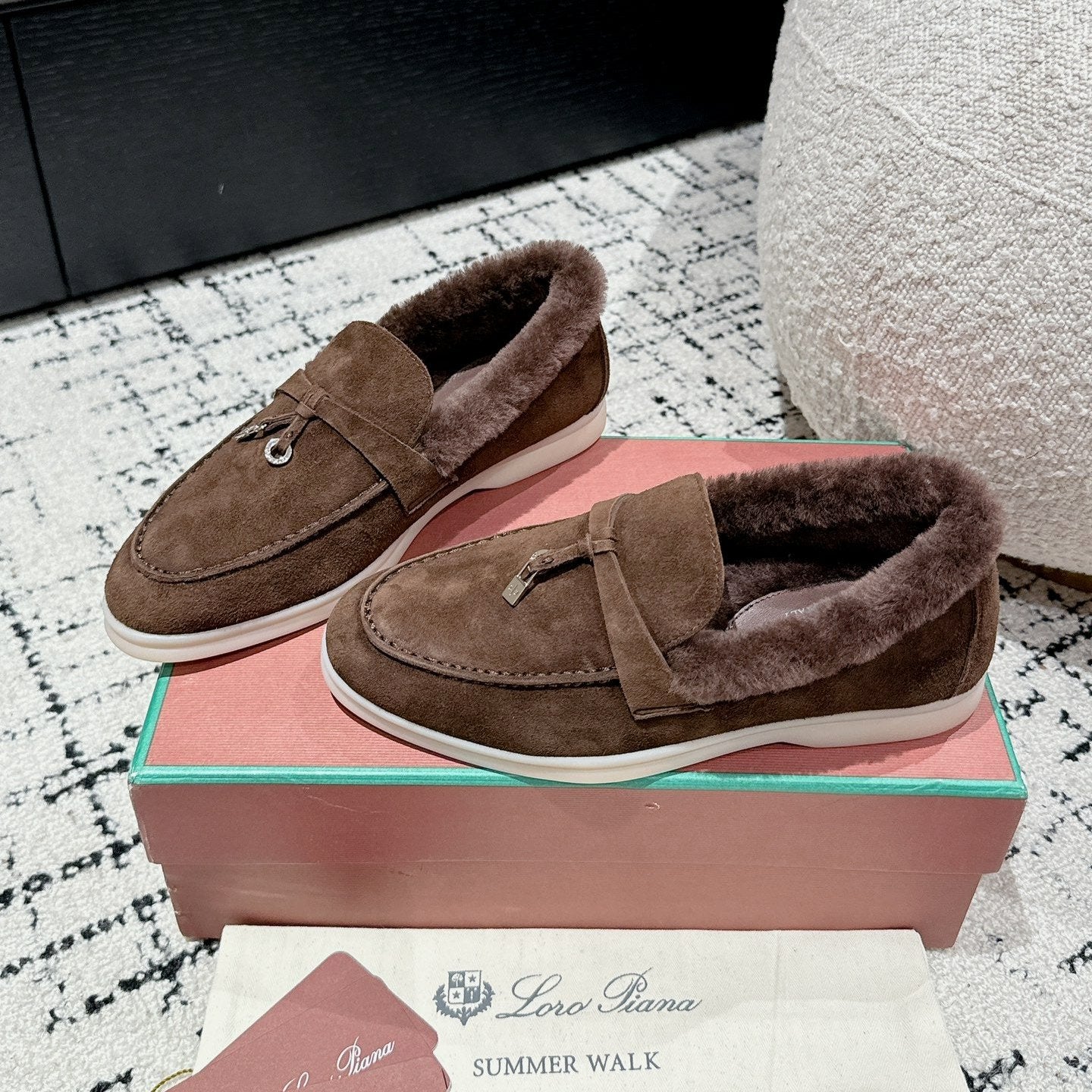 LP Summer Charms Walk Loafers In Earth Brown Suede With Rabbit Fur Lining 985644