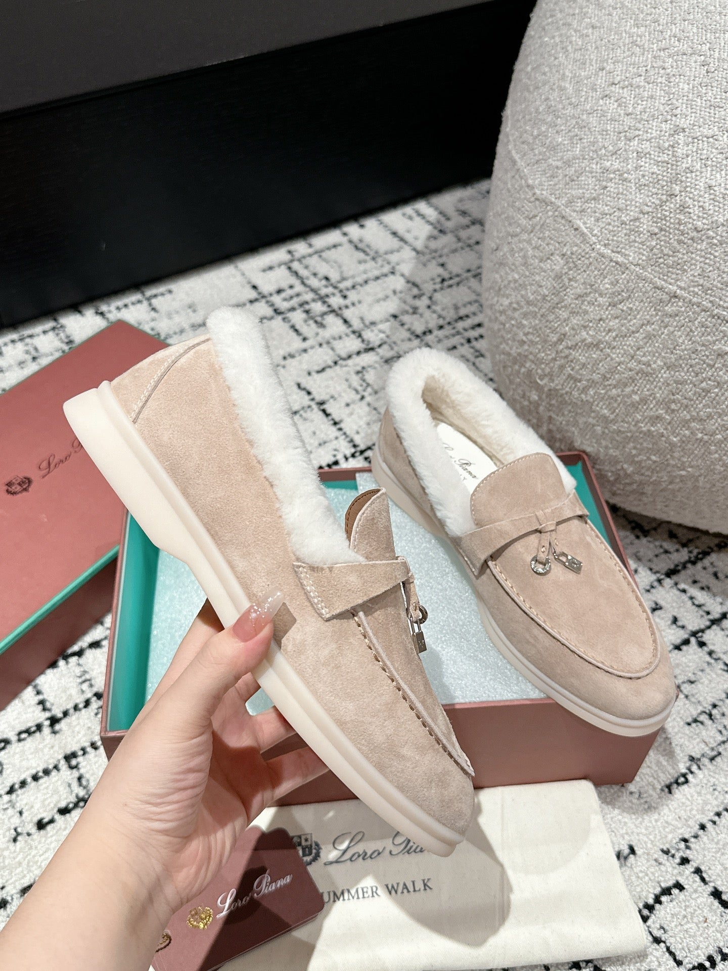 LP Summer Charms Walk Loafers In Almond Beige Mix White Suede With Rabbit Fur Lining 985648