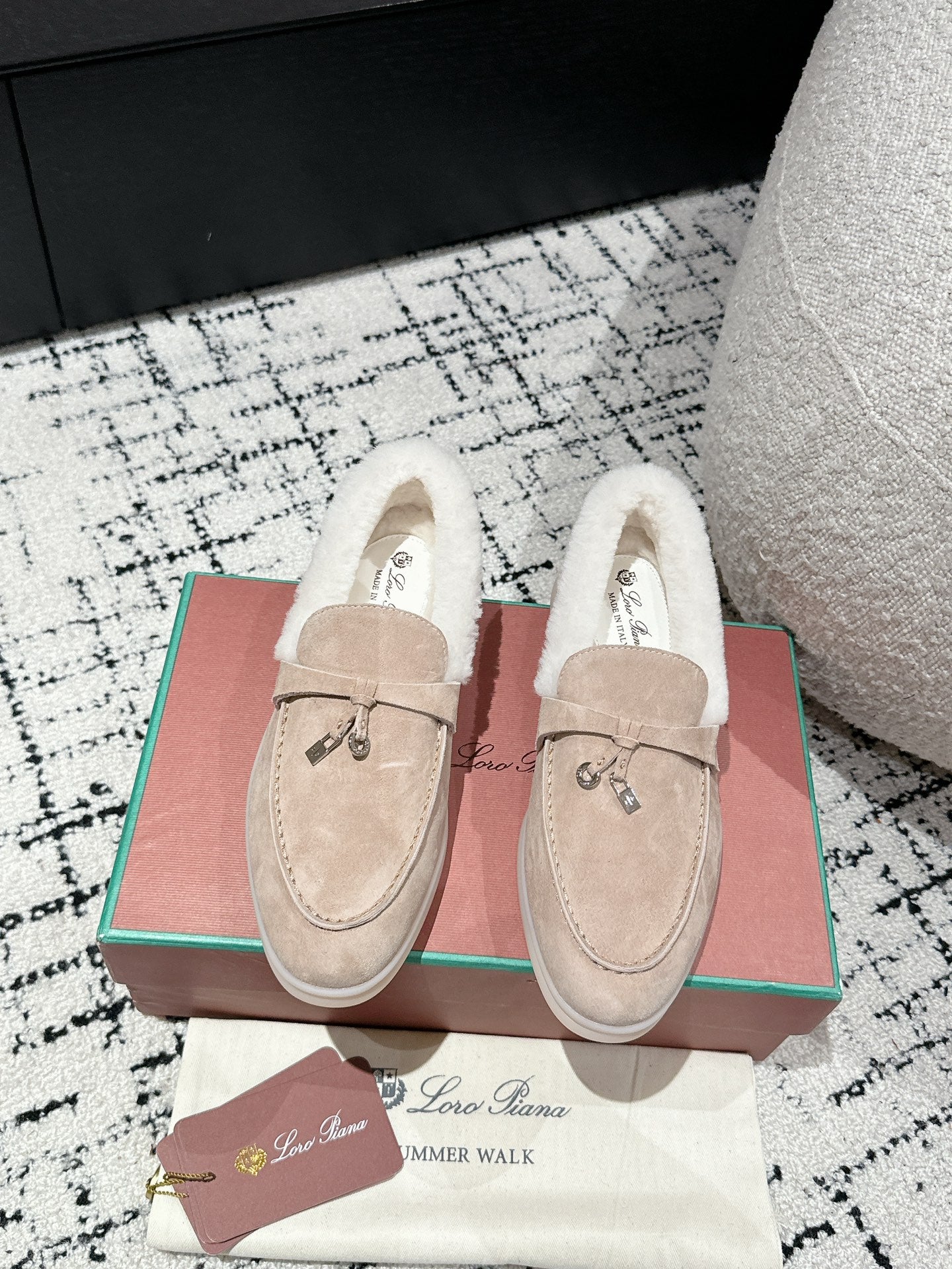LP Summer Charms Walk Loafers In Almond Beige Mix White Suede With Rabbit Fur Lining 985648