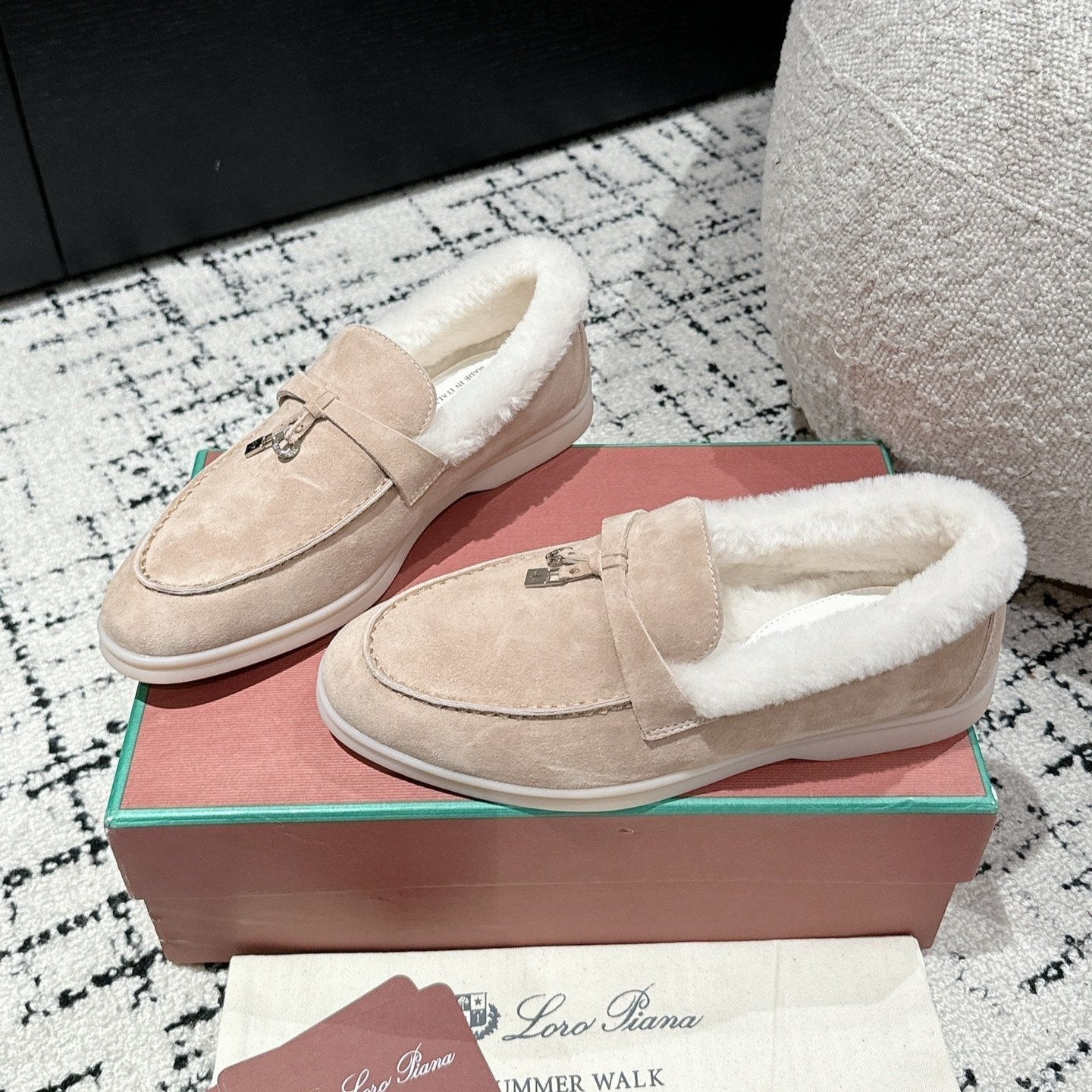 LP Summer Charms Walk Loafers In Almond Beige Mix White Suede With Rabbit Fur Lining 985648