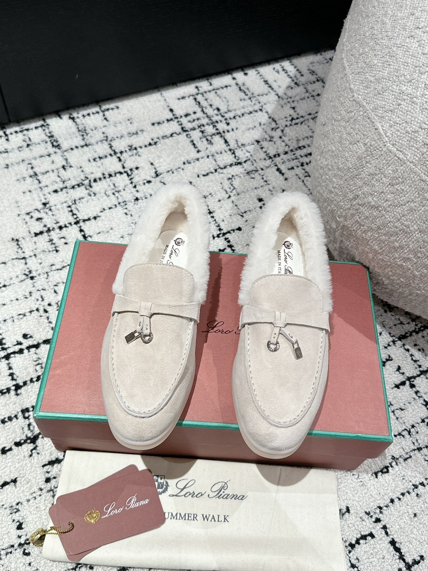 LP Summer Charms Walk Loafers In White Suede With Rabbit Fur Lining 985649