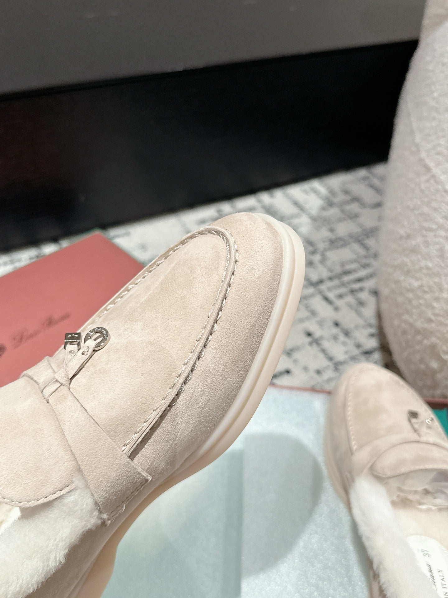 LP Summer Charms Walk Loafers In Light Beige Mix White Suede With Rabbit Fur Lining 985650