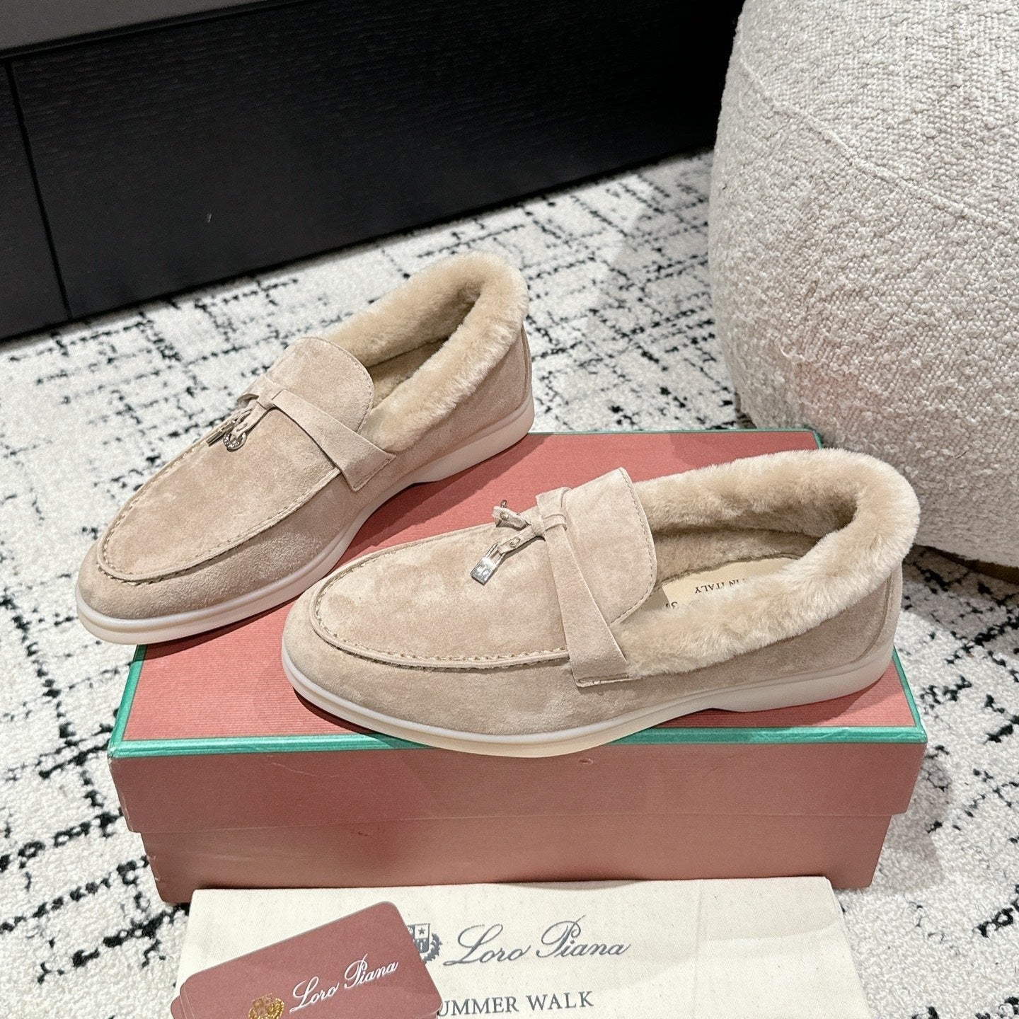 LP Summer Charms Walk Loafers In Light Brown Beige Suede With Rabbit Fur Lining  985651