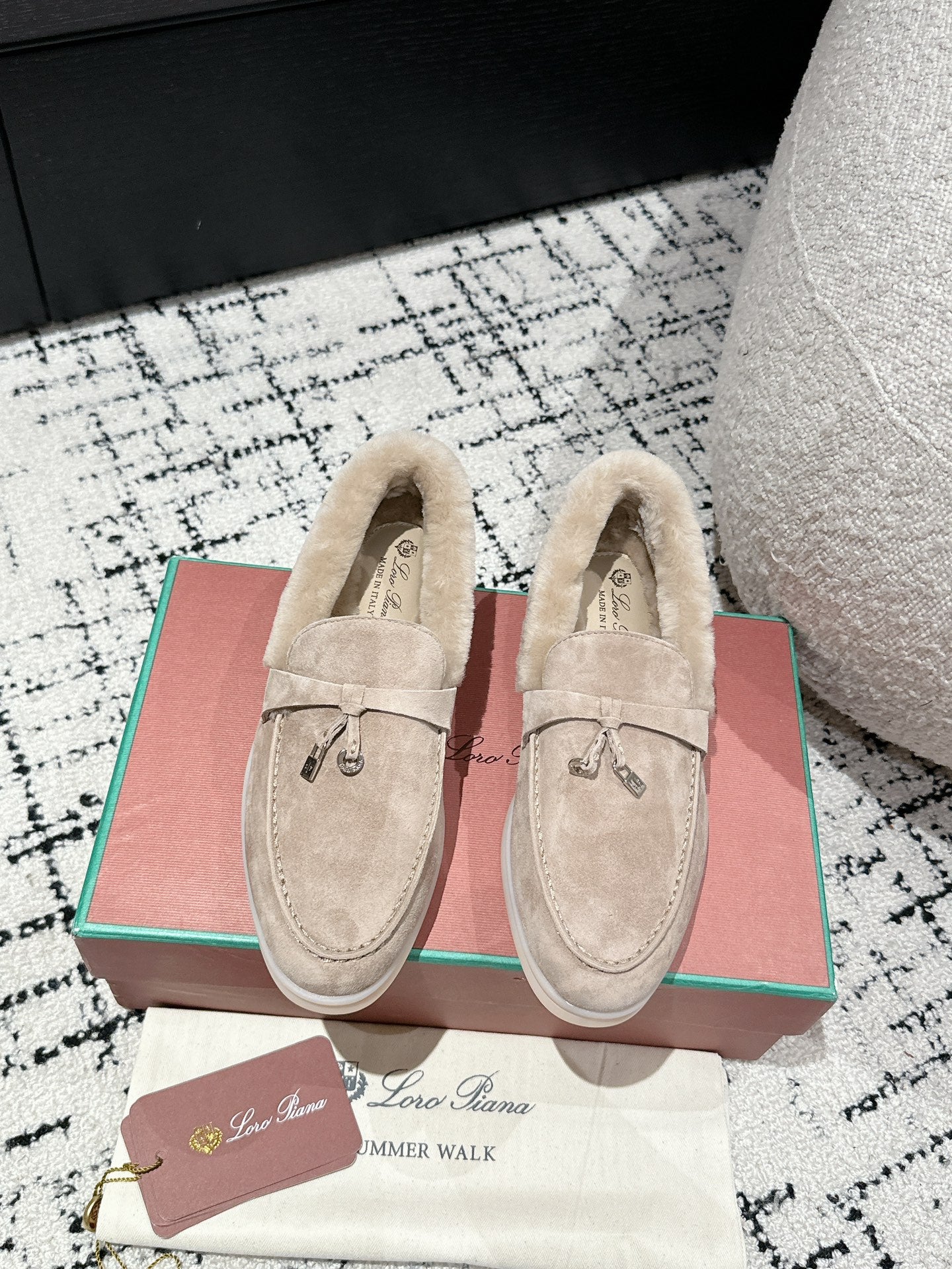 LP Summer Charms Walk Loafers In Light Brown Beige Suede With Rabbit Fur Lining  985651