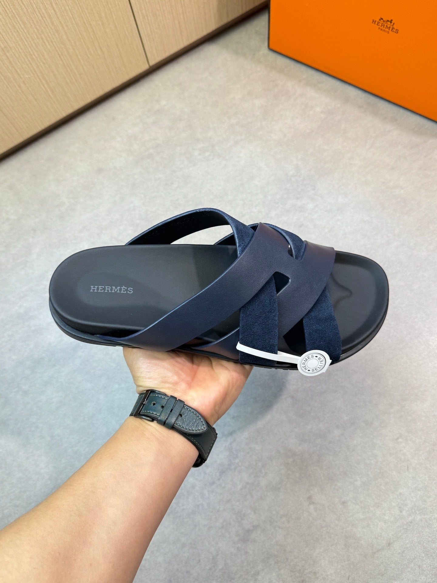 HM Men's Kazimir Slide Navy Blue Calfskin Suede 603171