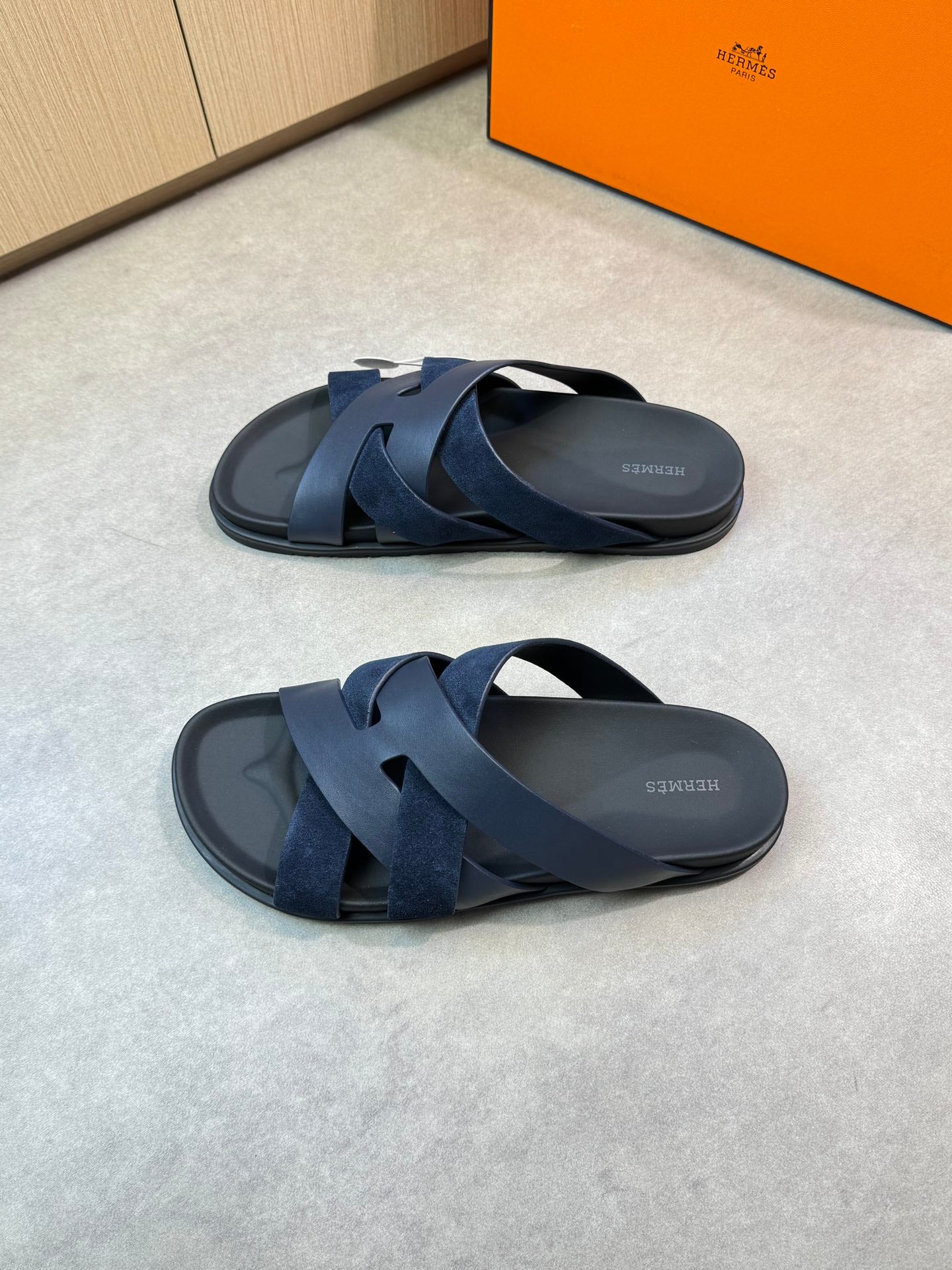 HM Men's Kazimir Slide Navy Blue Calfskin Suede 603171