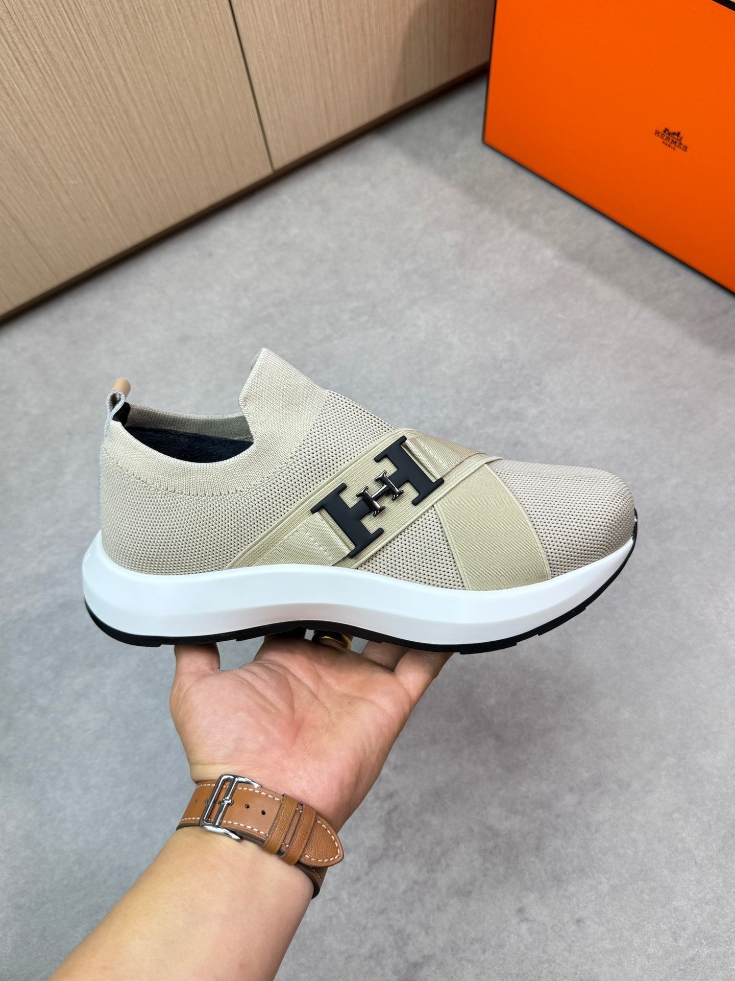 HM Men's Slip on Sneaker Beige Knitted Fabric 643378