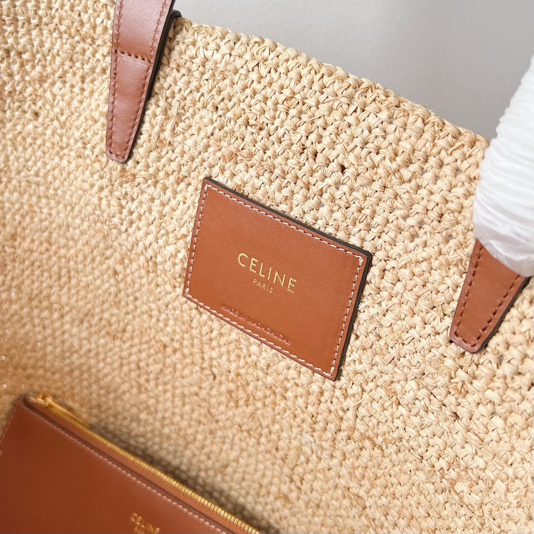 Celine Medium Supple Classic Panier 30cm Brown Calfskin Beige Raffia