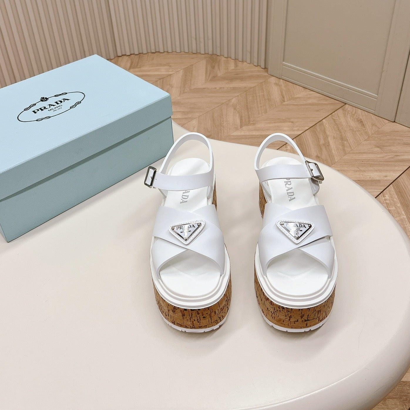 PRA WEDGE PLATFORM SANDALS WHITE CALFSKIN