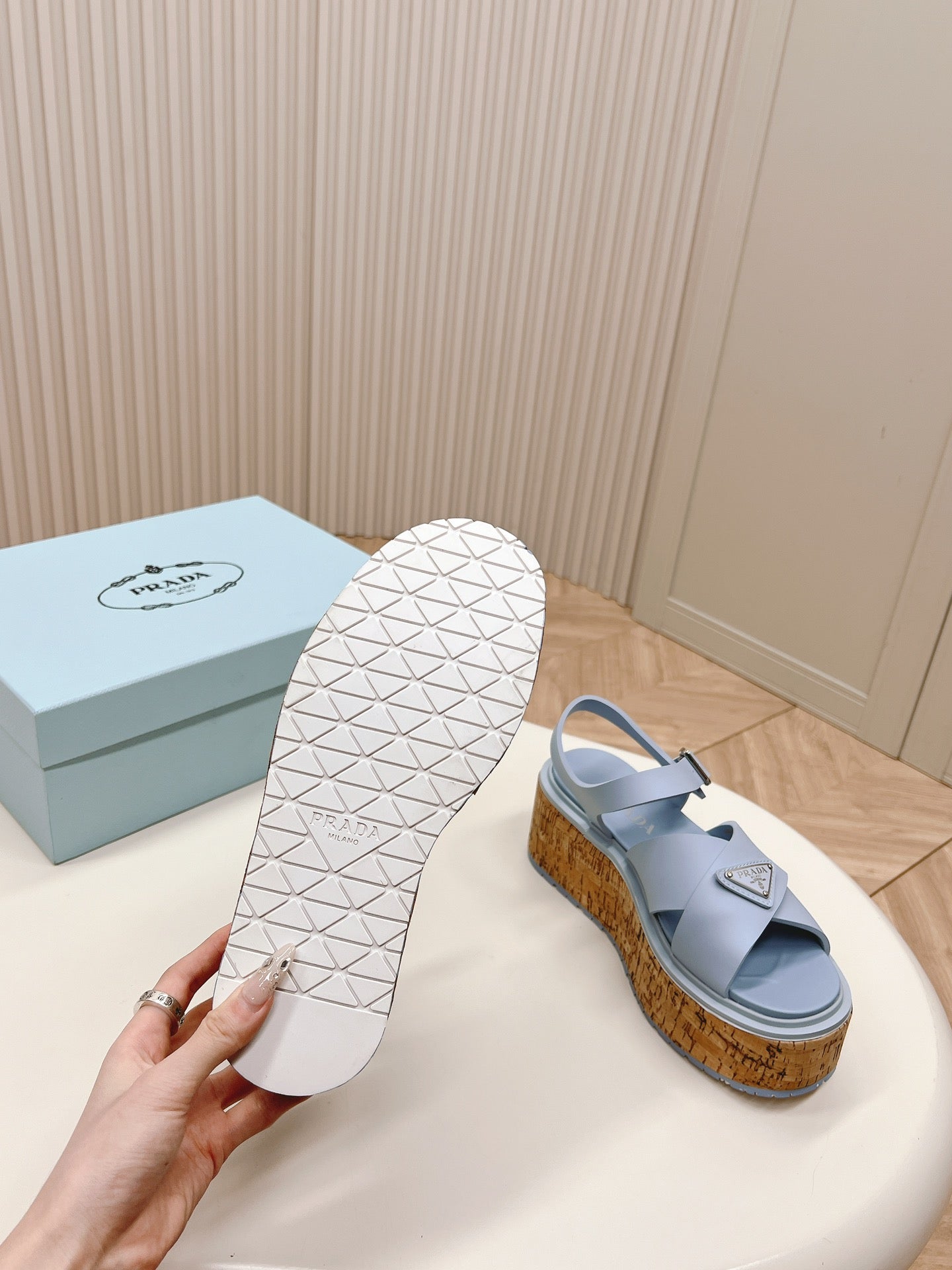 PRA WEDGE PLATFORM SANDALS SAPPHIRE CALFSKIN