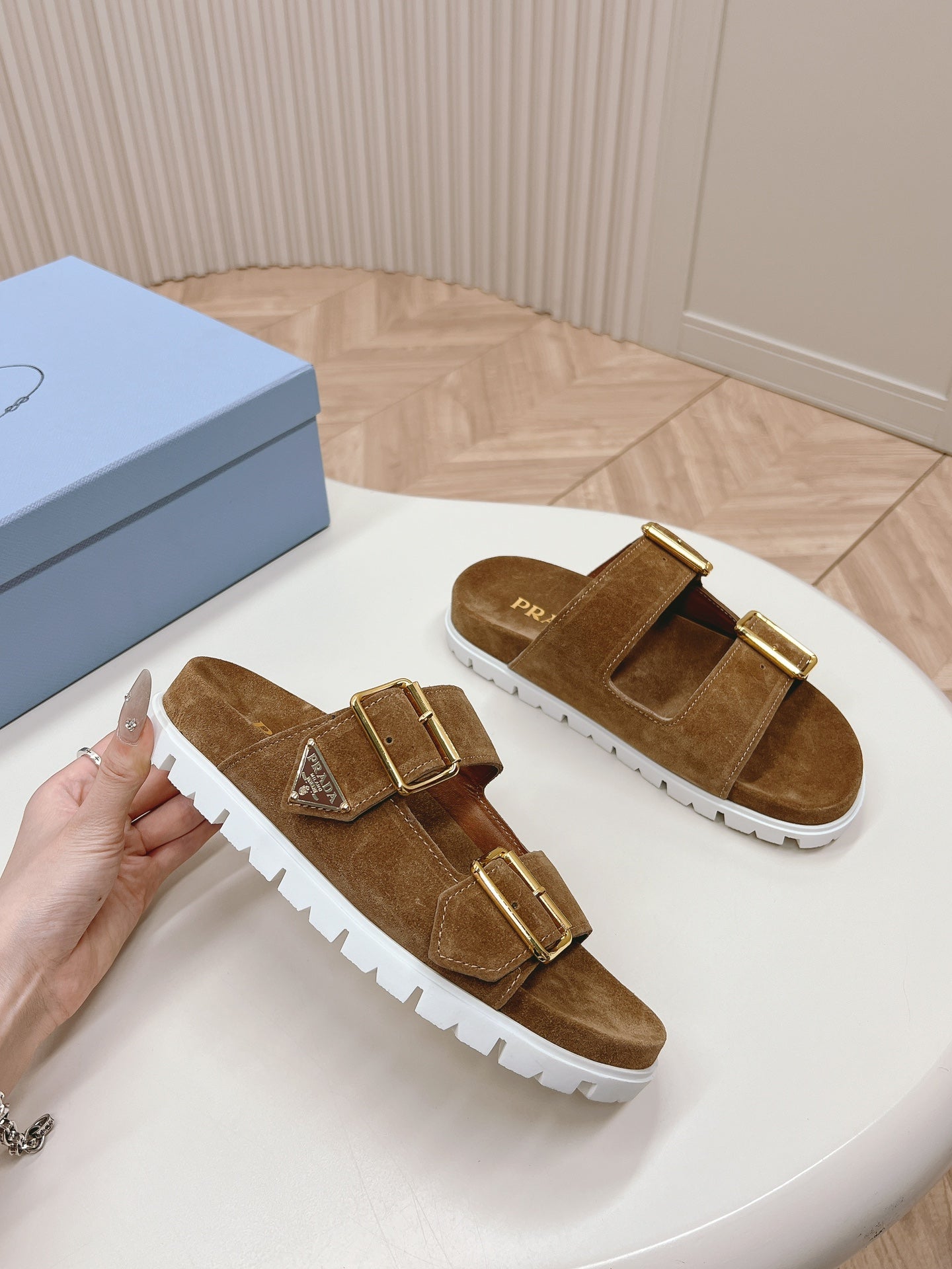 Double Buckle Strap Slides 20 Brown Suede