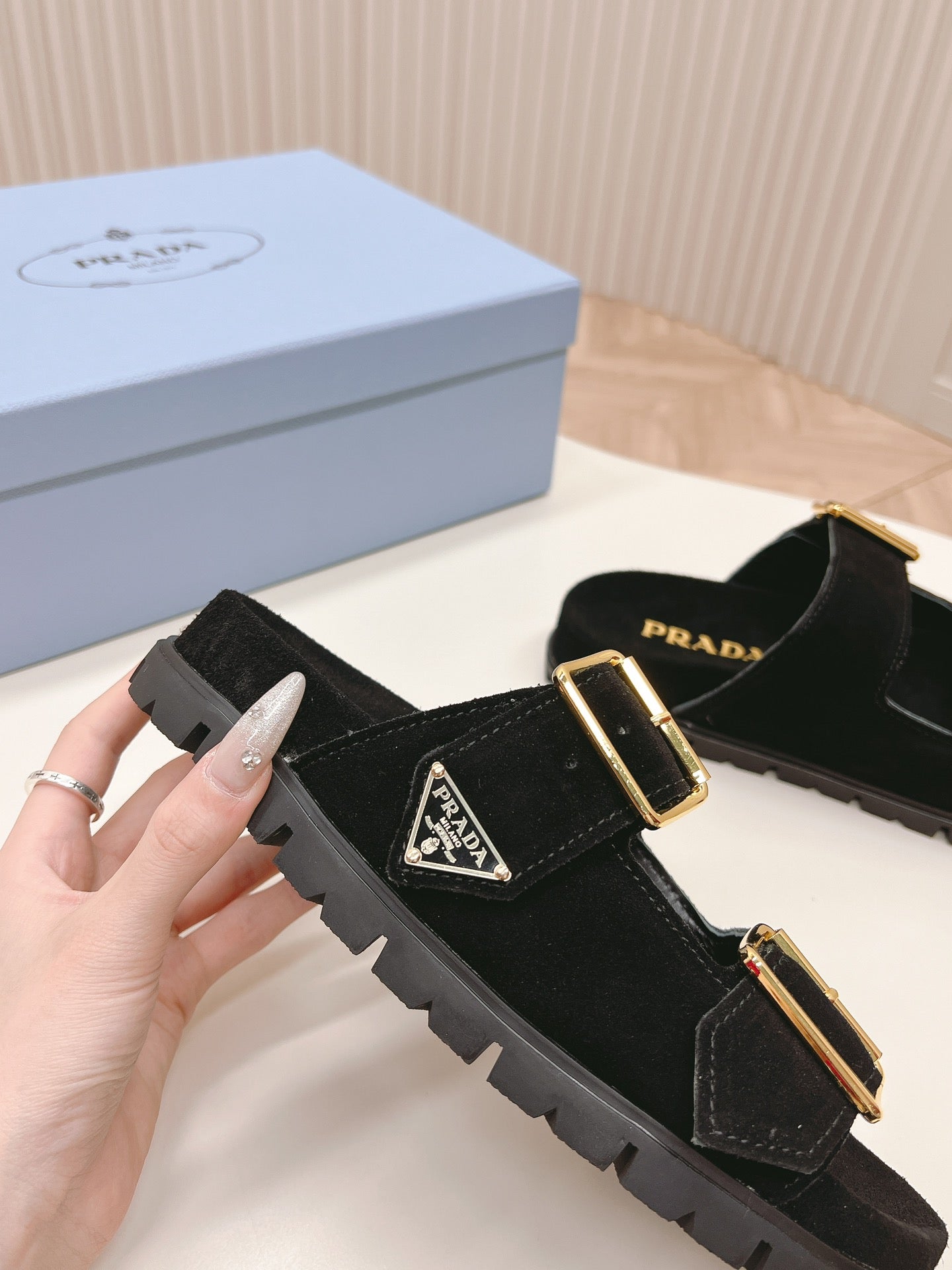 Double Buckle Strap Slides 20 Black Suede