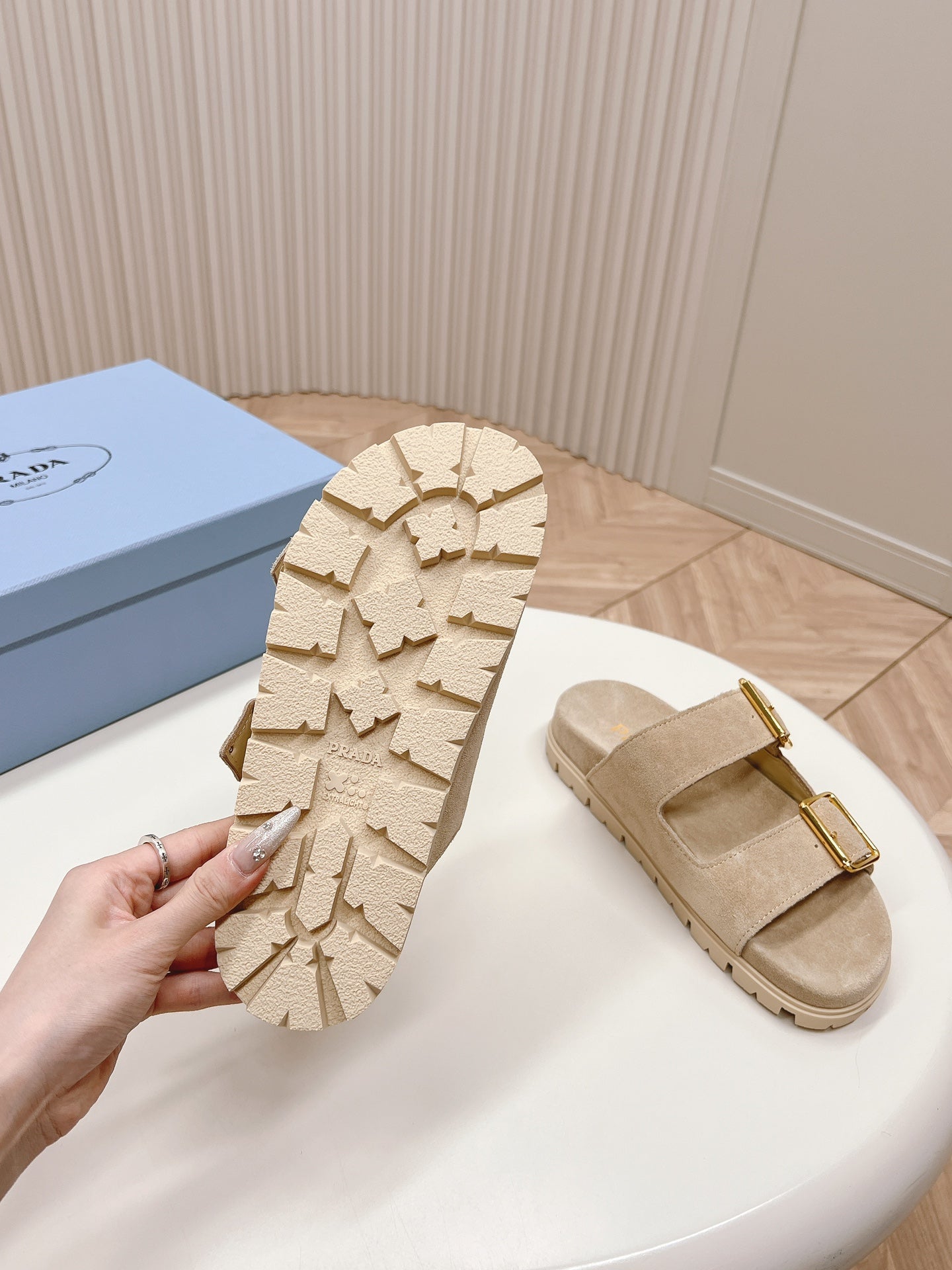 Double Buckle Strap Slides 20 Light Brown Suede