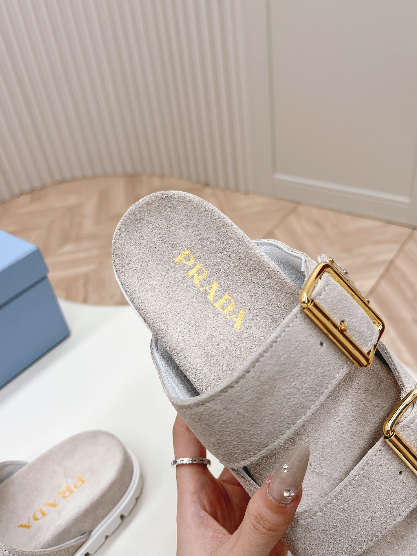 Double Buckle Strap Slides 20 Light Grey Suede