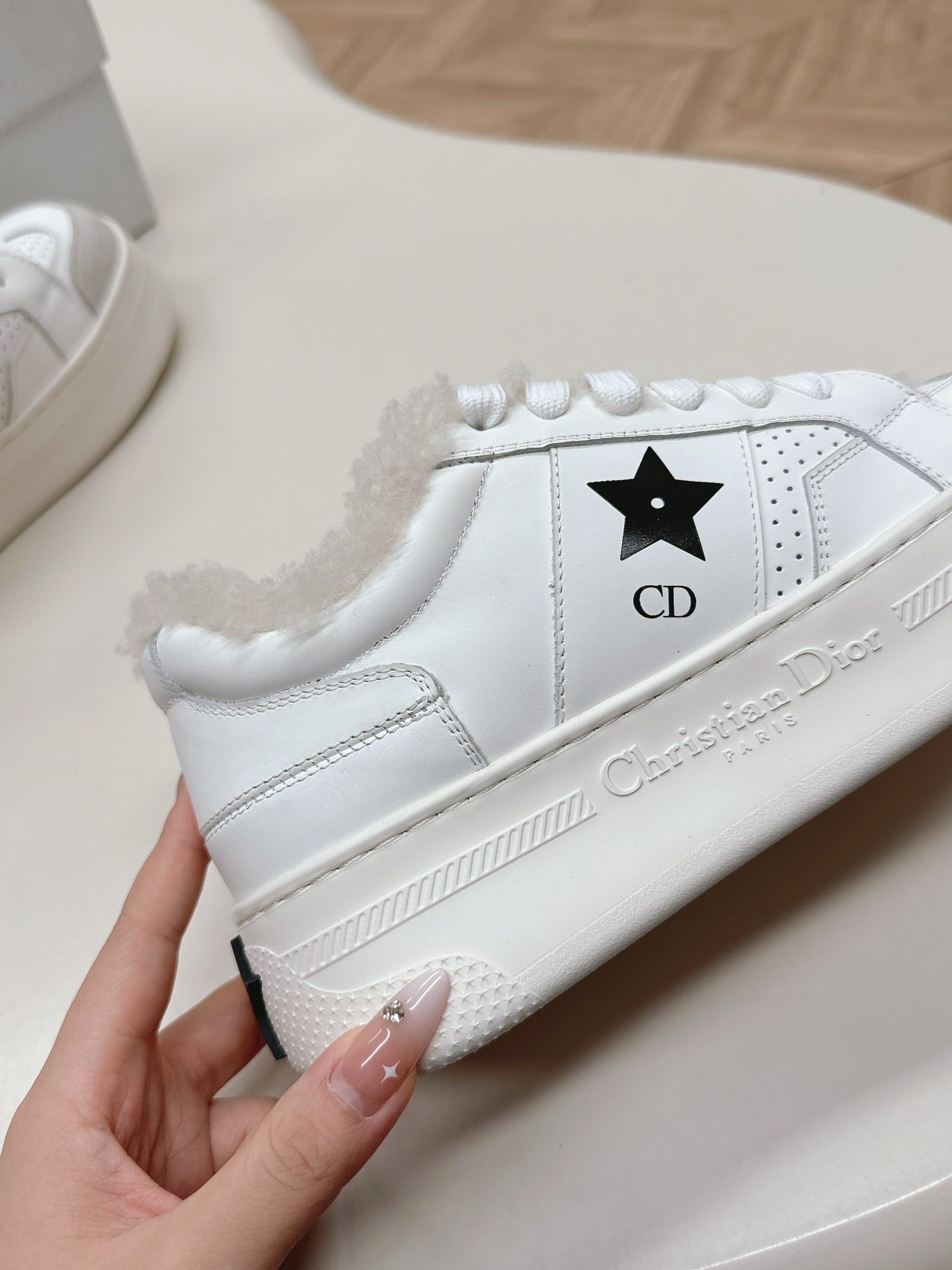 CD Dior Star Platform Sneaker Fleece Lining White Lambskin And Suede